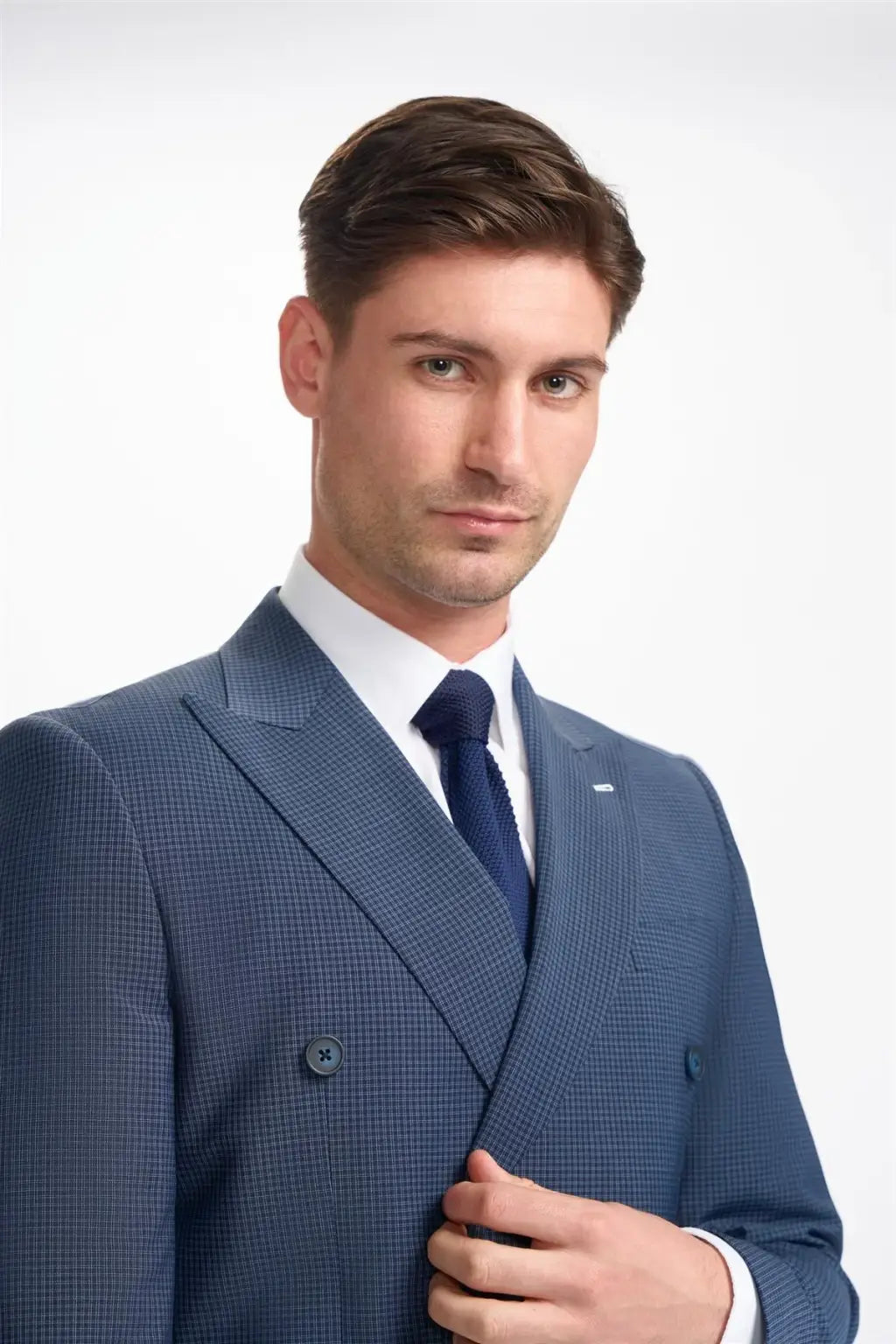 Cavani Bond Navy Check Double Breasted Blazer for Men - Premium Wool Formal Suit Jacket - Perfect for Business Meetings, Weddings & Office Wear