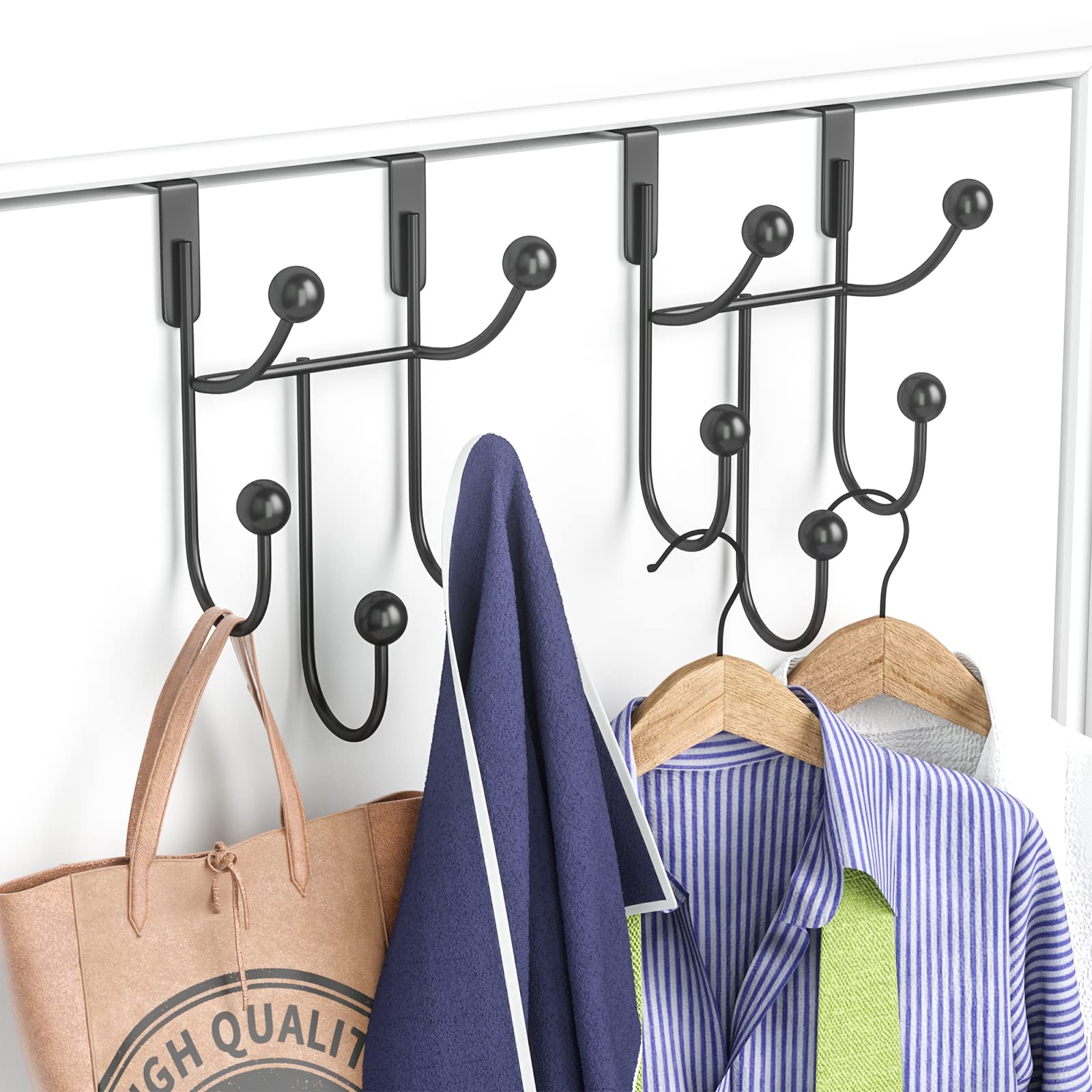 Stainless Steel Over Door Hooks 2-Pack - 5 Coat Hangers with Scratch Proof Pads for Hanging Coats, Towels, Hats & Bags - Black Bedroom & Bathroom Door Hooks for Space Saving Organization