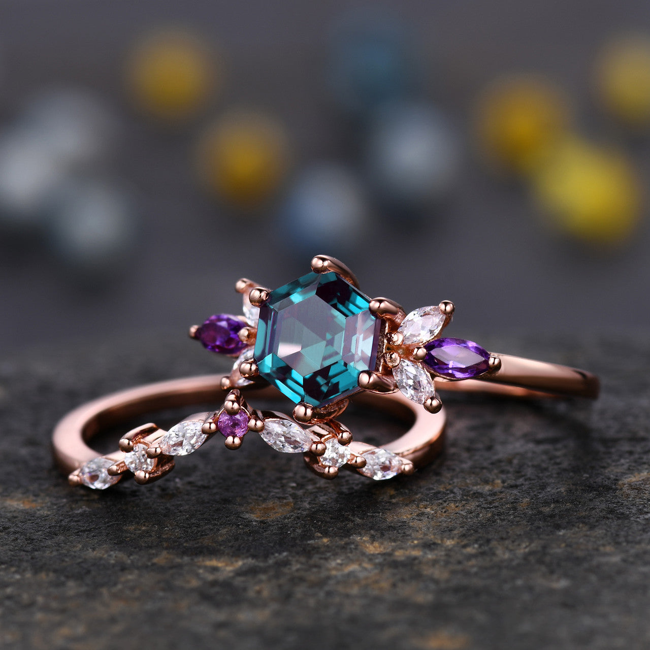 Vintage Alexandrite & Moissanite Engagement Ring Set with Amethyst Matching Band - June Birthstone Jewelry for Weddings & Anniversaries
