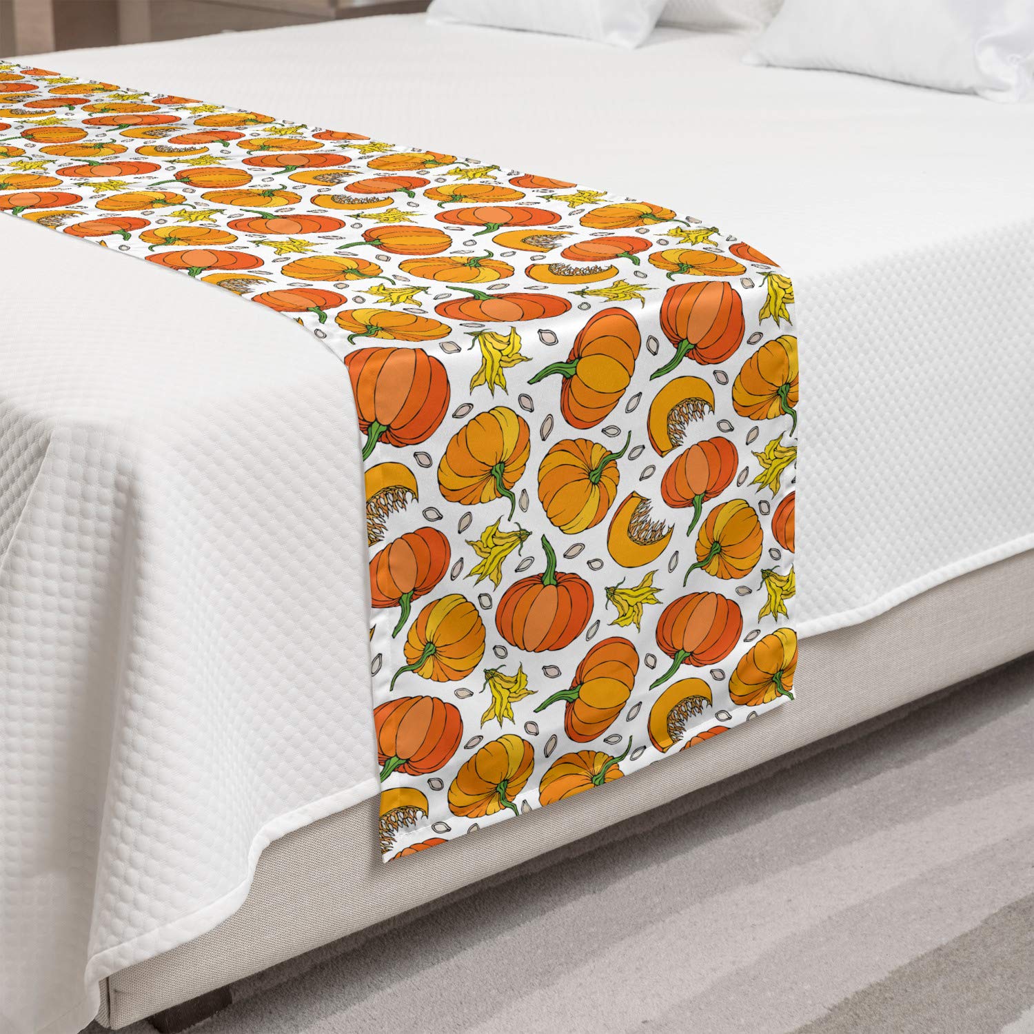Ambesonne Orange and Yellow Bed Runner - Decorative Cartoon Pumpkin Floral Print Accent Scarf for King Size Beds | Perfect for Hotels, Homes & Guestrooms | Fall & Thanksgiving Home Decor