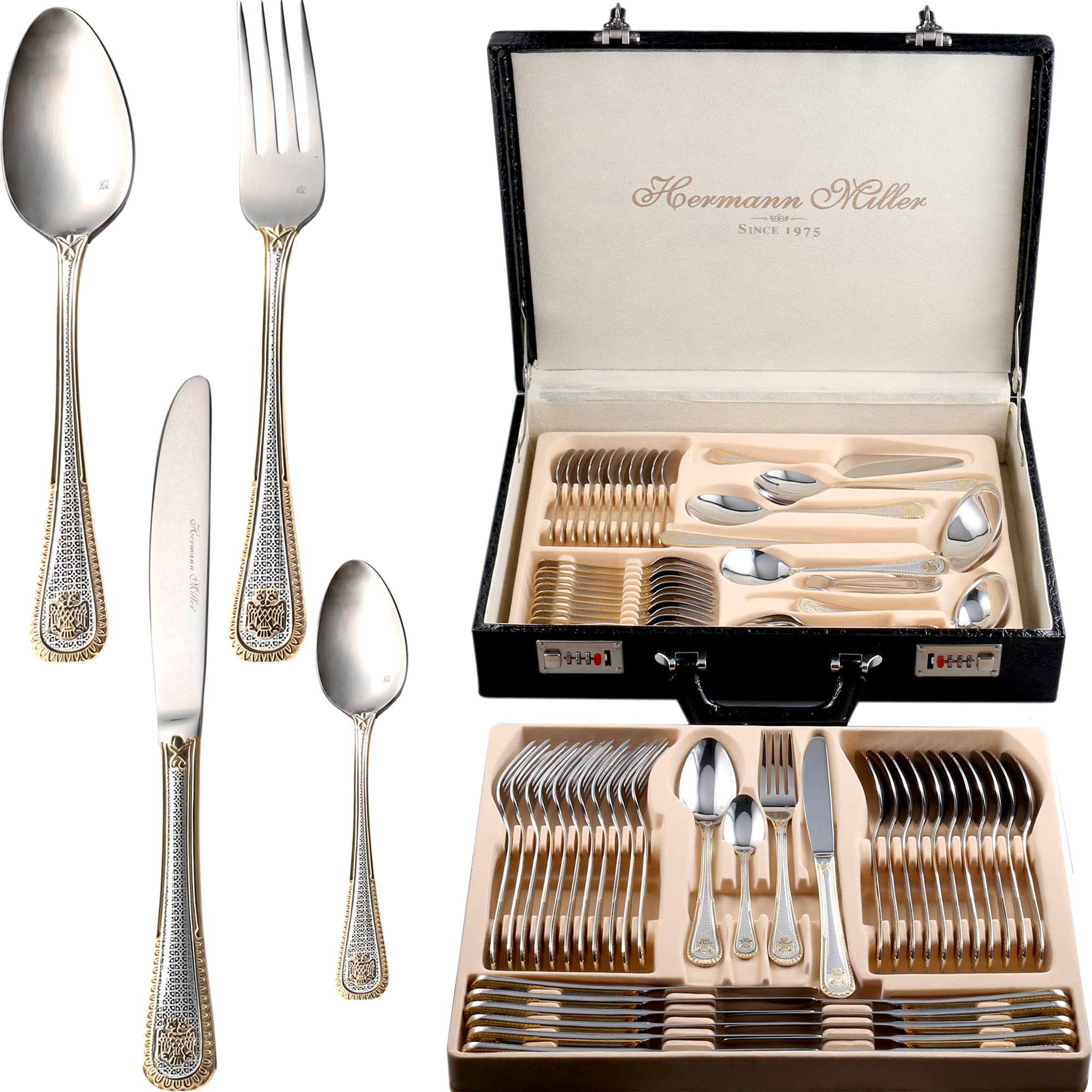 Hermann Miller Royal Family Collection 72-Piece Silverware Flatware Set with Gift Box - Elegant Gold Design for 12 People - Perfect for Housewarming, Graduation Gifts & Dinner Parties - Luxury Cutlery Set for Formal Dining & Special Occasions