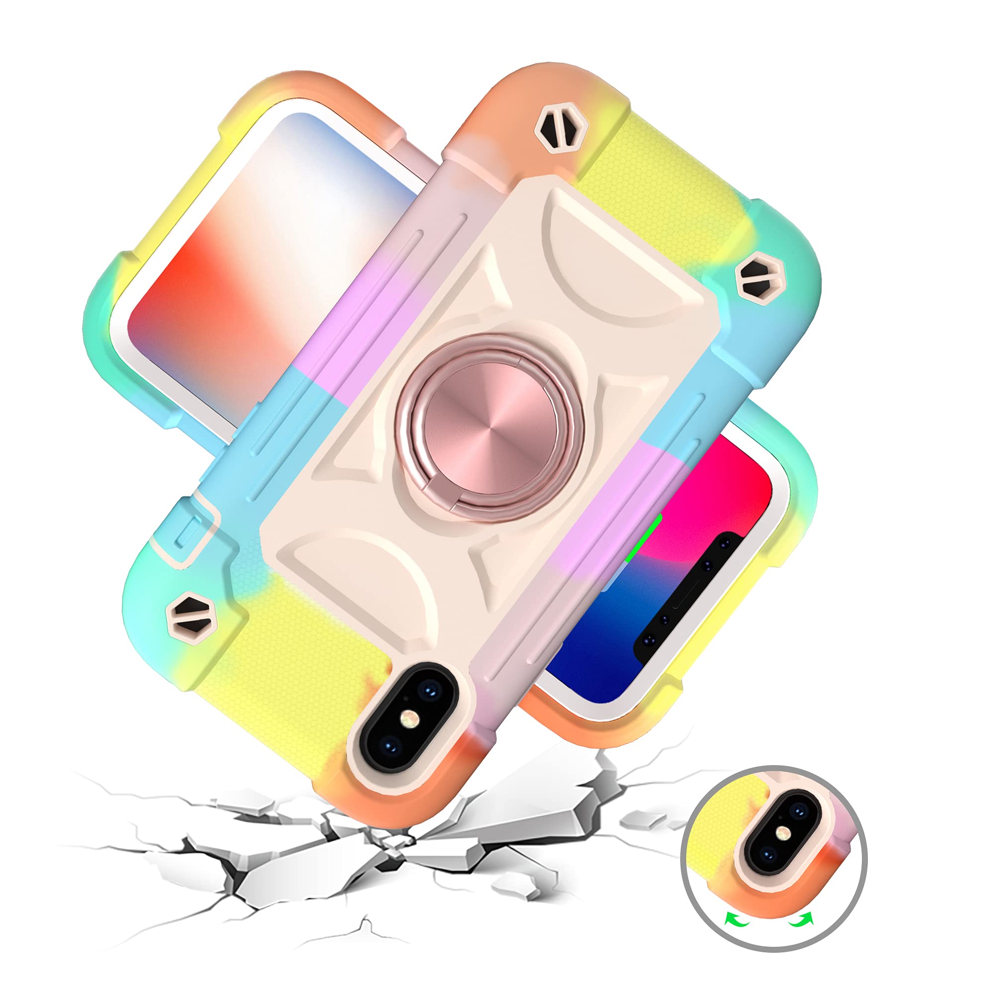 Premium iPhone Xs Max Case 6.5 Inch with Ring Stand & 2 Pack Tempered Glass Screen Protector - Military Grade Shockproof Rugged Cover with Magnetic Car Mount (Rainbow Pink) - Perfect for Outdoor Activities, Travel & Daily Protection