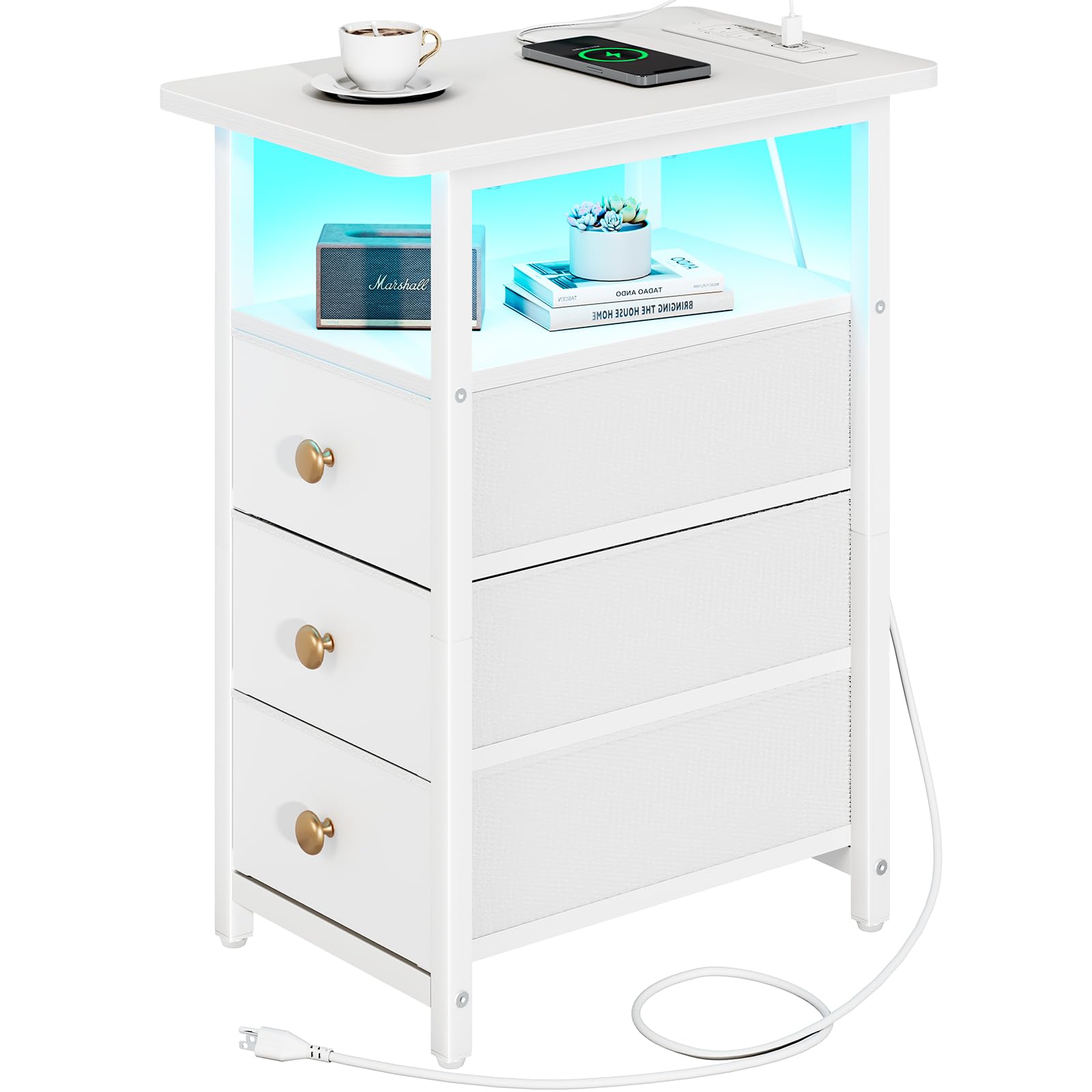 Yoobure LED Narrow End Table with Charging Station - Small Nightstand with 3 Fabric Drawers, Skinny Side Table for Bedroom, Living Room & Small Spaces - Perfect for Bedside Storage, Phone Charging & Home Decor