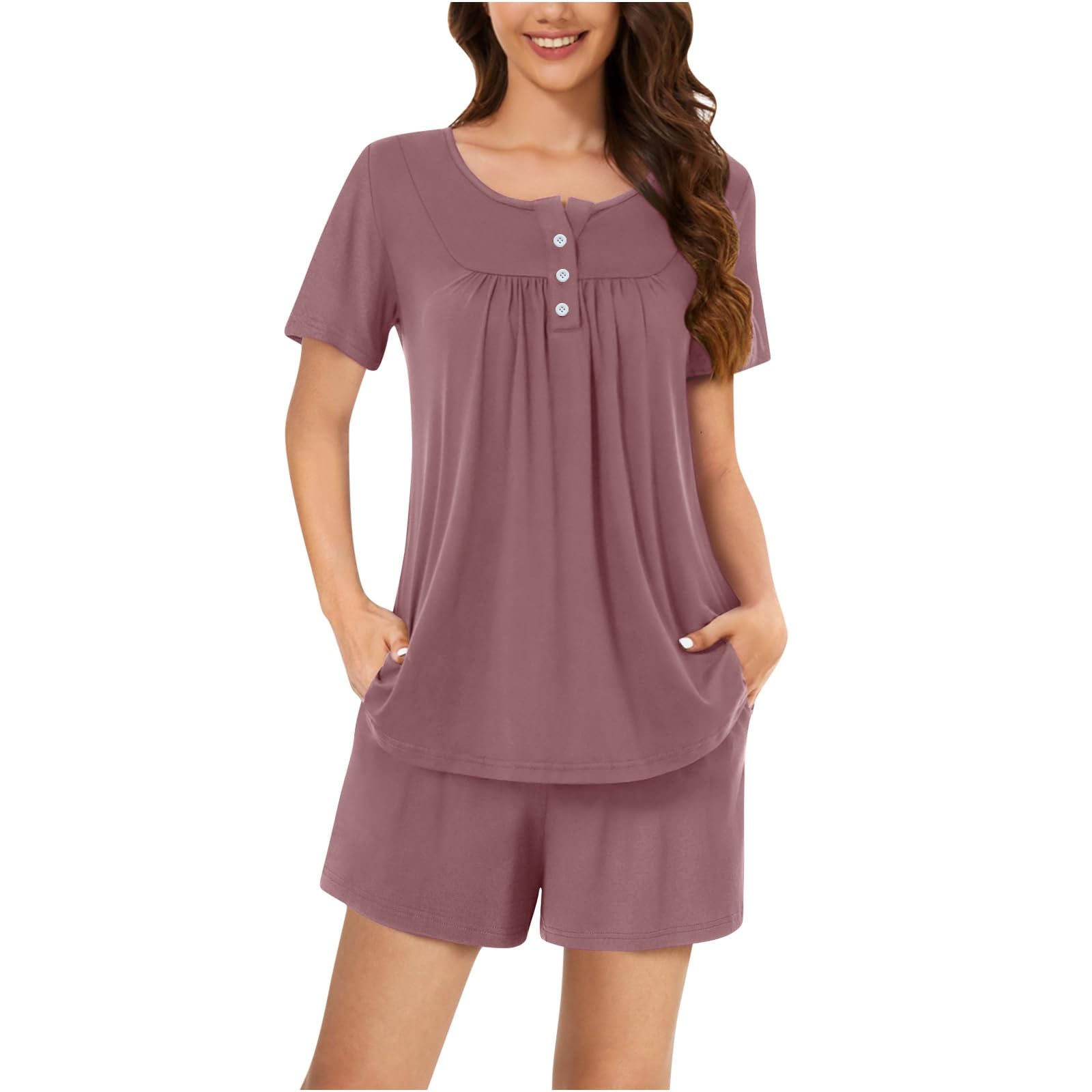 Women's 2-Piece Casual Lounge Set - Button Down Pleated Short Sleeve Top & Elastic Waist Shorts | Comfortable Outfit for Home, Travel & Weekend Relaxation