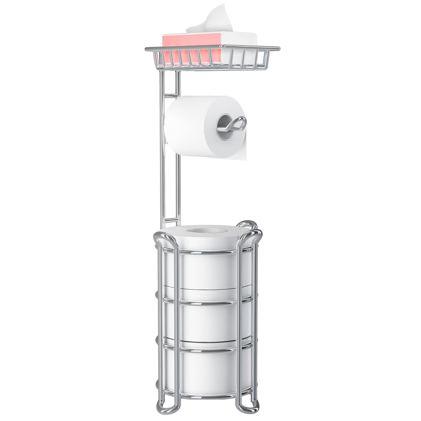 Free Standing Toilet Paper Holder with Shelf for Phone - Chrome Bathroom Tissue Roll Storage Rack Holds 4 Mega Rolls | Perfect for Small Bathrooms, Powder Rooms & Vanity Organization