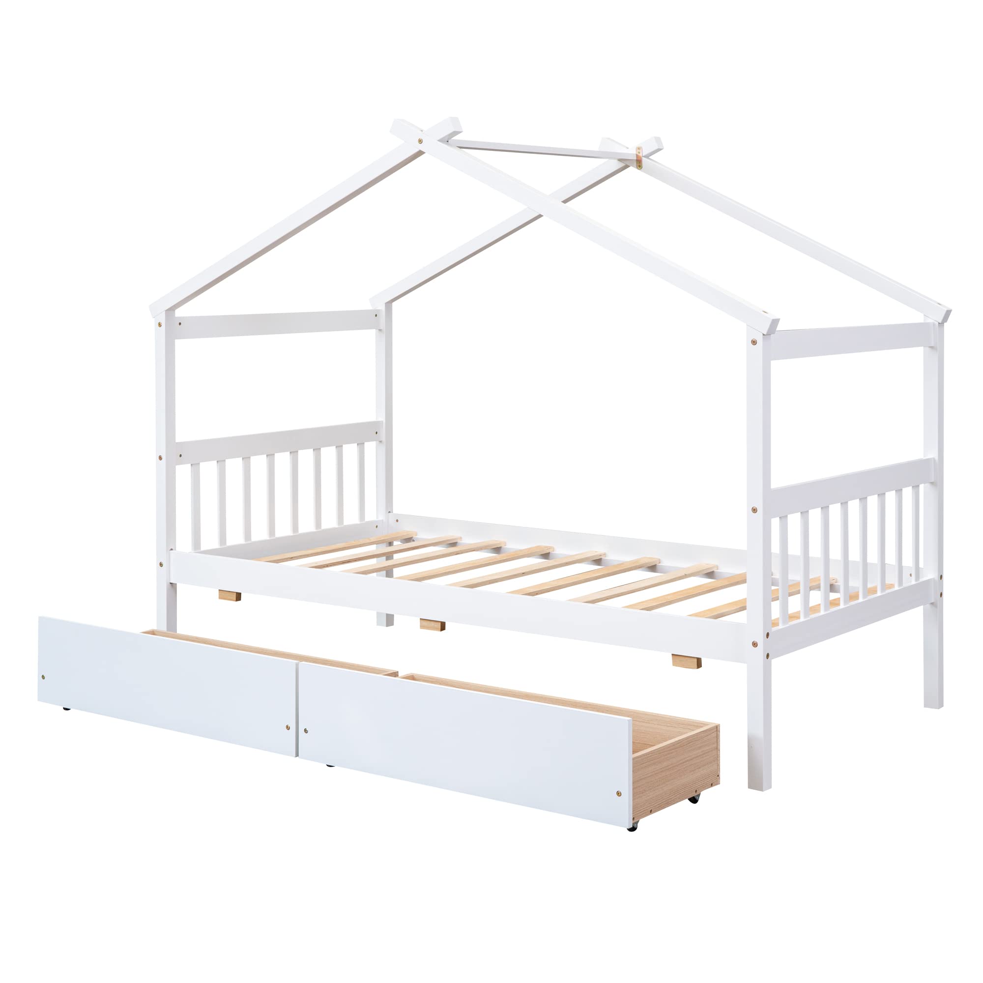 Twin Size Wooden House Bed with 2 Storage Drawers - Montessori Kids Bed Frame, Playhouse Tent Bed for Girls, Boys & Teens - White - Perfect for Small Bedrooms, Playrooms & Montessori Learning Spaces