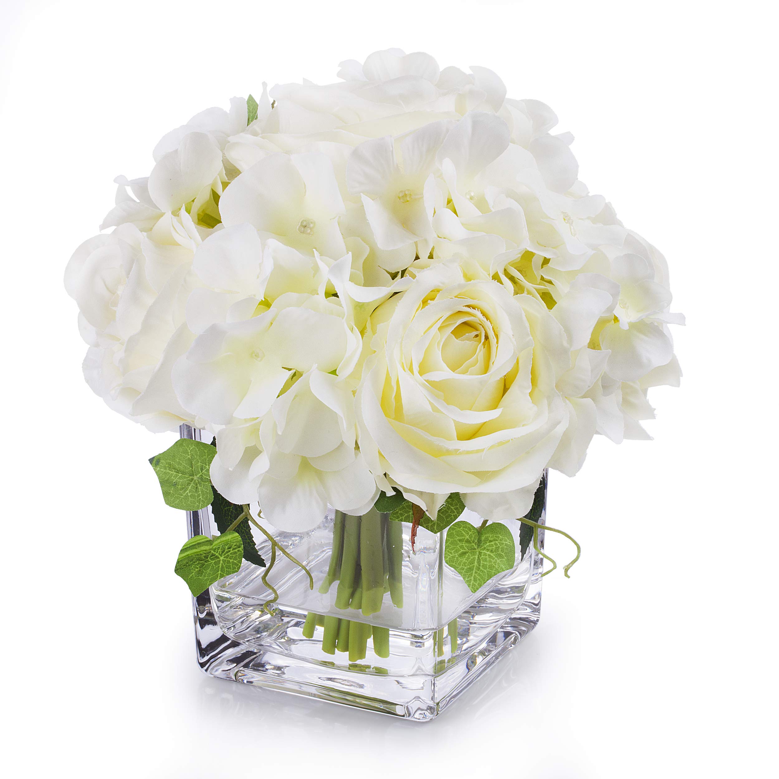 Premium Artificial Rose & Hydrangea Silk Flower Arrangement in Glass Cube Vase - Elegant Home Decor for Wedding Centerpieces, Table Decorations & Office Desk (Cream)
