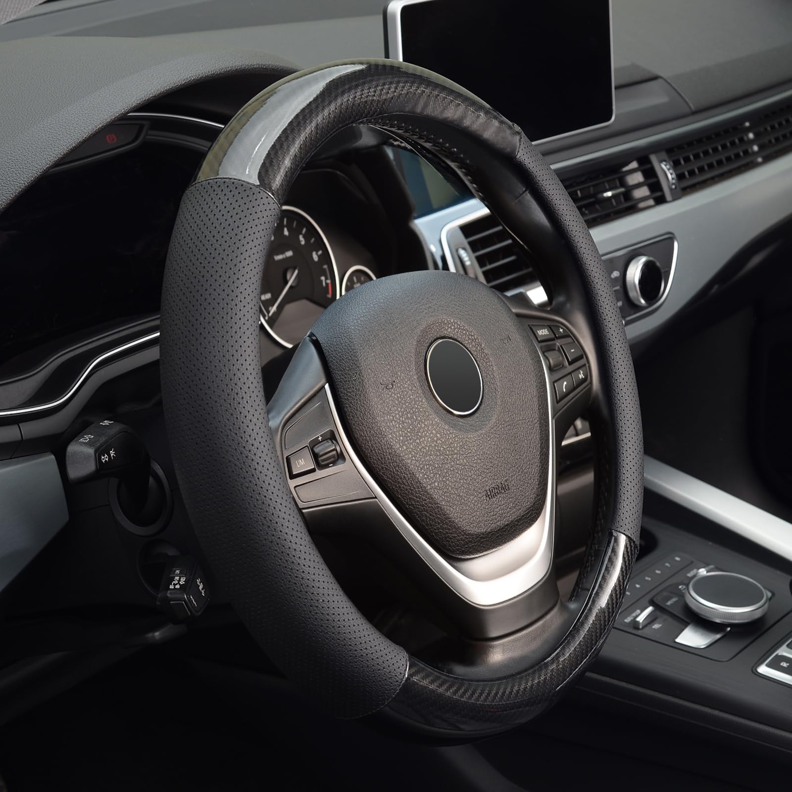 KAFEEK Classic 15 Inch Universal Carbon Fiber Steering Wheel Cover - Breathable Microfiber Leather (Black) | Perfect for Cars, Trucks & SUVs - Enhances Grip & Comfort for Daily Driving & Road Trips