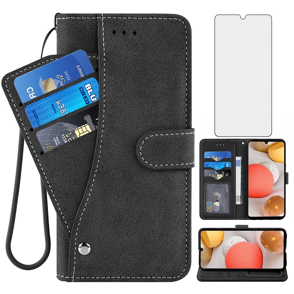 **ASUWISH Samsung Galaxy A42 5G Wallet Case with Tempered Glass Screen Protector - Flip Cover with Credit Card Holder & Stand - Compatible with Galaxy A42 5G/4G (2021) - Perfect for Work, Travel & Daily Use - Black**