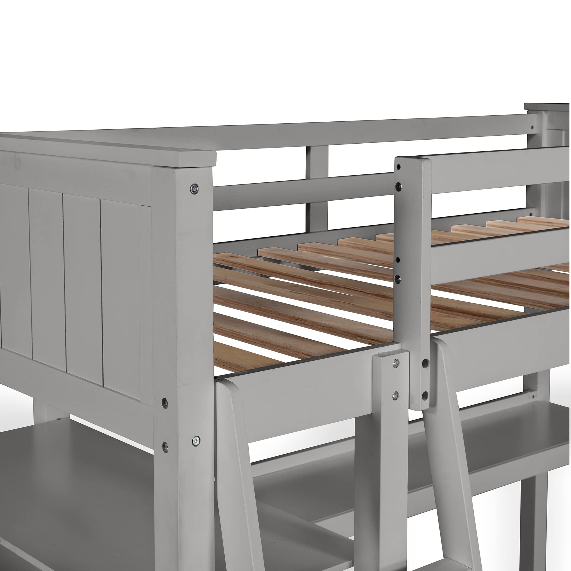 **Solid Wood Twin Loft Bed with Desk for Kids - Sturdy Loft Bed Frame with 3 Drawers & 3 Storage Shelves, Multi-Functional Study & Sleep Space with Ladder & Guardrails (Gray) - Perfect for Small Bedrooms, Dorms & Kids' Rooms**