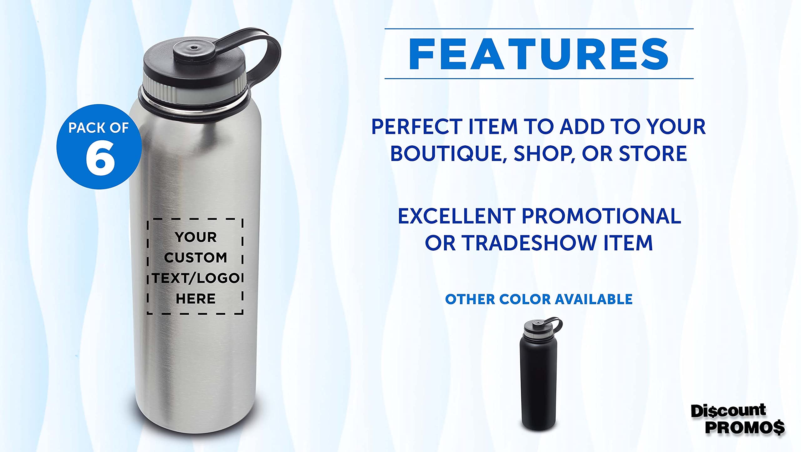 6-Pack 41 oz Stainless Steel Vacuum Insulated Water Bottles - Double Wall, Leakproof, Custom Text & Logo - Silver - Ideal for Gym, Hiking, Office & Travel