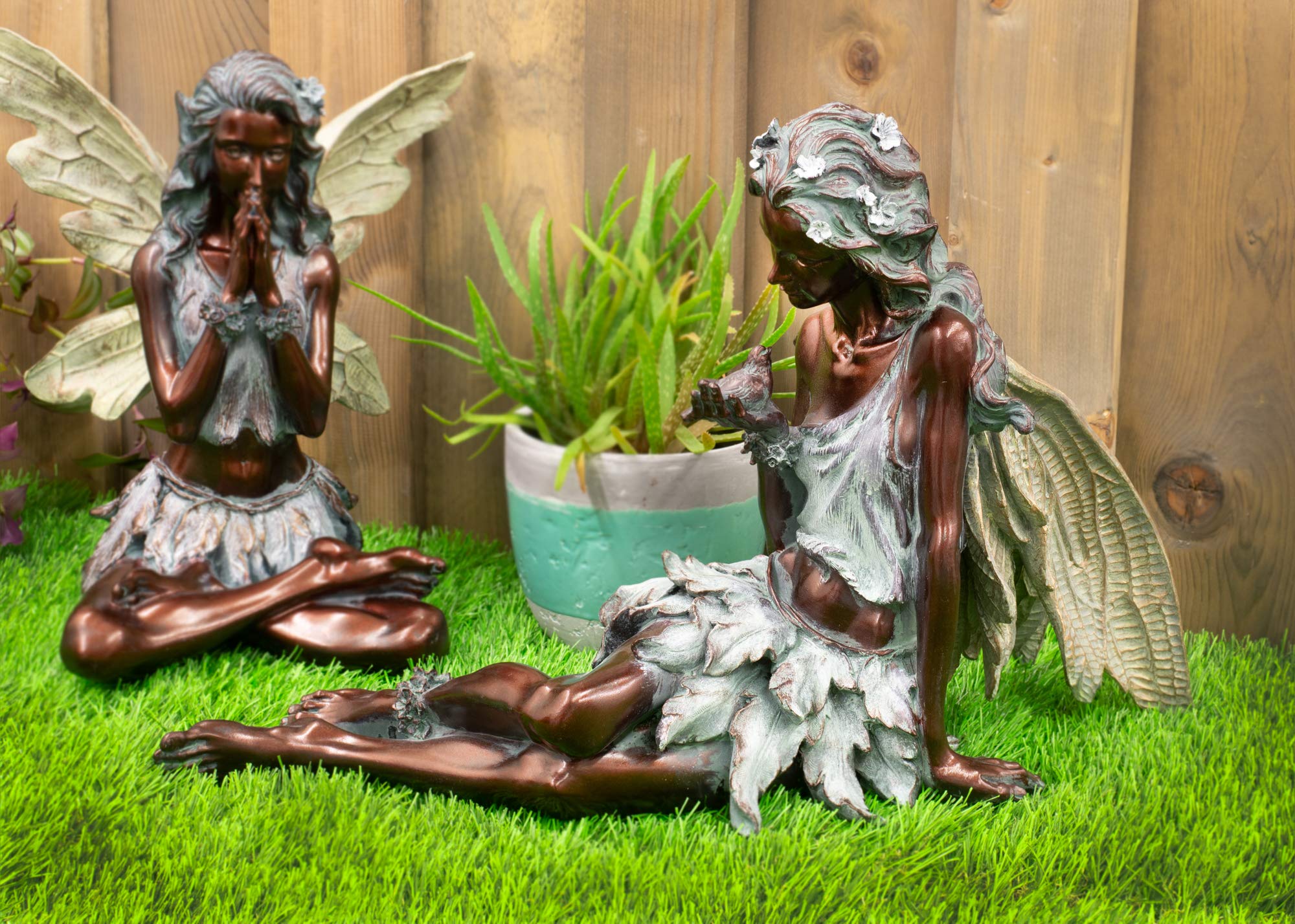 19 x 7.25 x 12 Inch Weather-Resistant Resin Fairy Garden Statue with Bird - Handcrafted Sitting Fairy Sculpture in Weathered Bronze & Stone Finish for Indoor Decor, Outdoor Patio, Lawn Ornament, and Fairy Garden Accessories