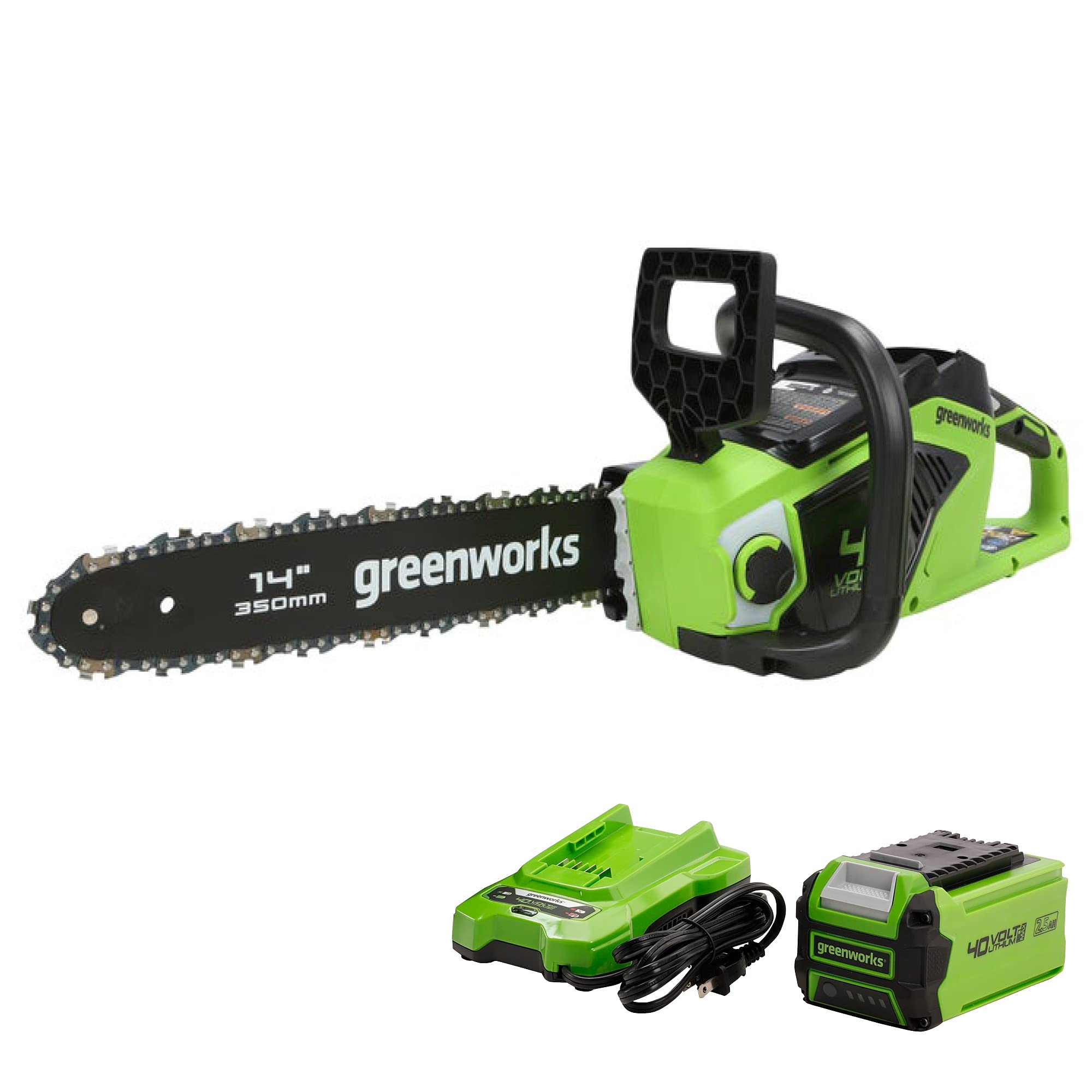 Greenworks 40V 14-Inch Cordless Chainsaw with 2.5Ah Battery & USB Charger - Lightweight Electric Chainsaw for Tree Trimming, Yard Cleanup & Firewood Cutting