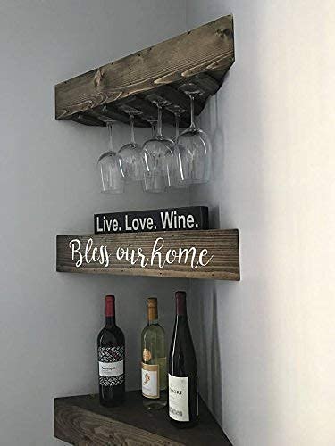 Modern Wine Rack with 2 Corner Floating Shelves Set - Space Saving Storage for Kitchen, Dining Room or Bar Decor