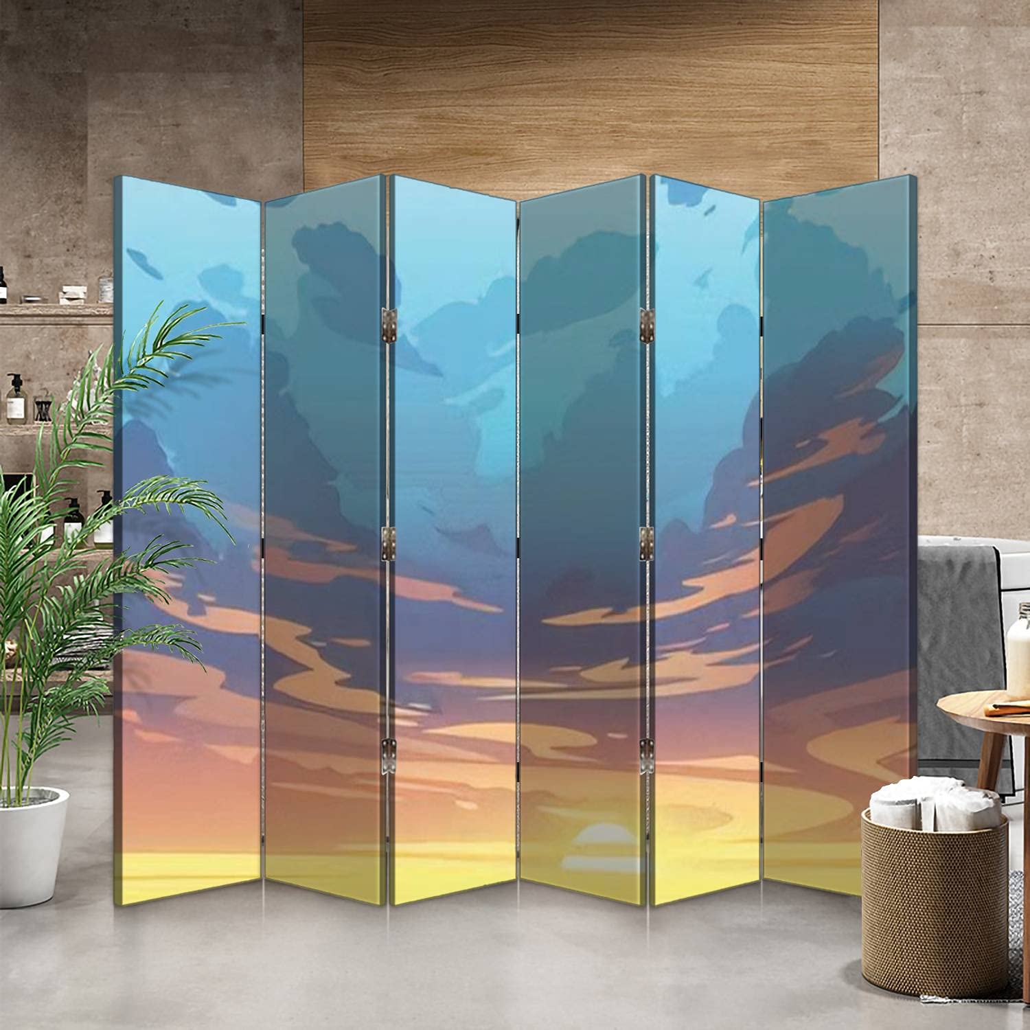 6-Panel Canvas Room Divider Screen with Sunset Cloud Design - Folding Privacy Partition for Bedroom, Office & Living Space