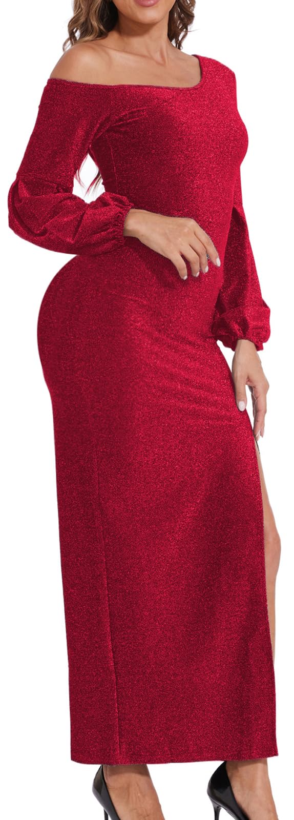 Elegant Sparkly Sequin Long Sleeve Formal Dresses for Women | Off Shoulder High Split Evening Gown | Perfect for Prom, Wedding, Cocktail Party & Special Occasions