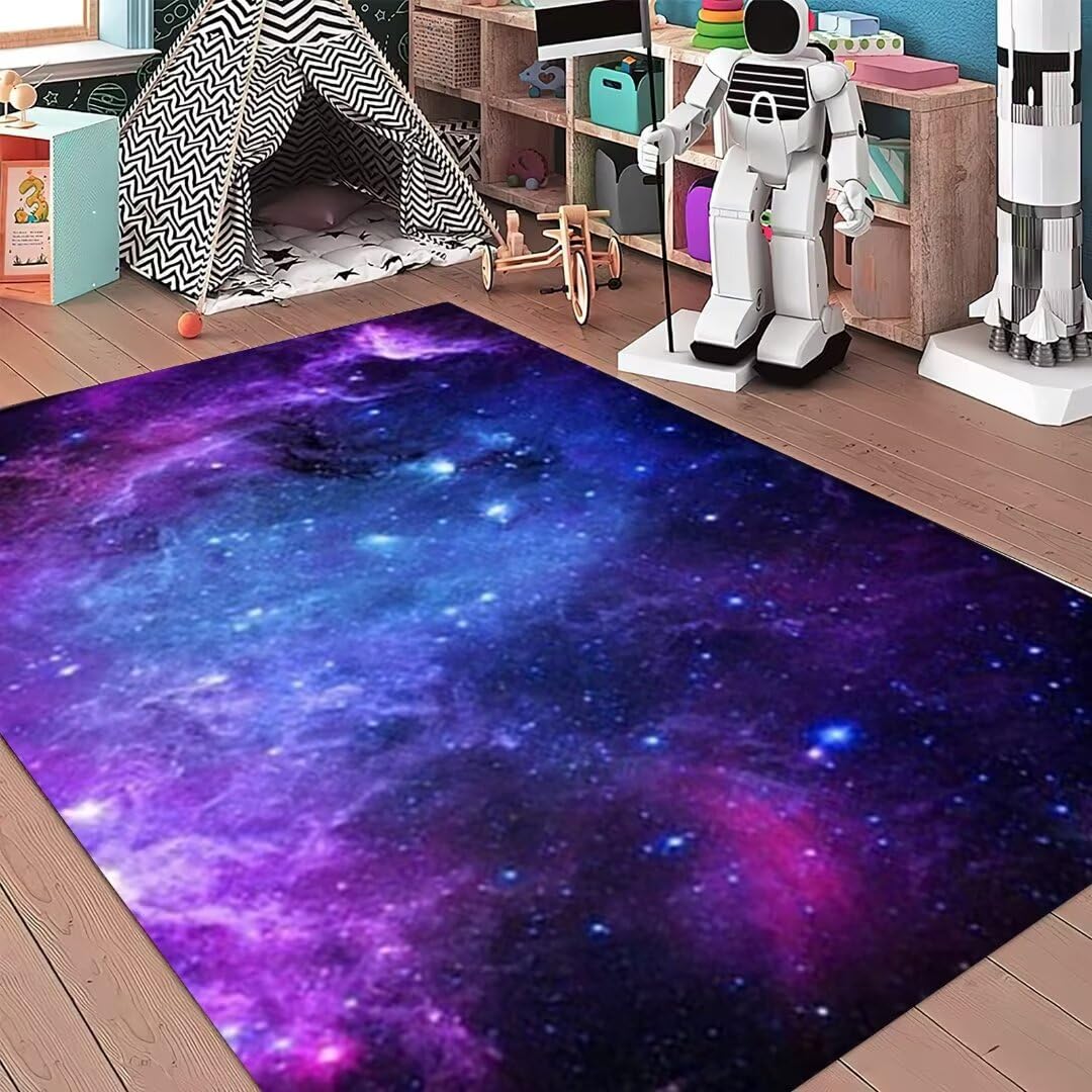 Purple Galaxy Area Rug 5'×8' - Washable 3D Starry Sky Print Non-Slip Carpet for Living Room, Bedroom, Playroom & Dining Room - Outer Space Themed Floor Mat Perfect for Kids Rooms & Home Decor