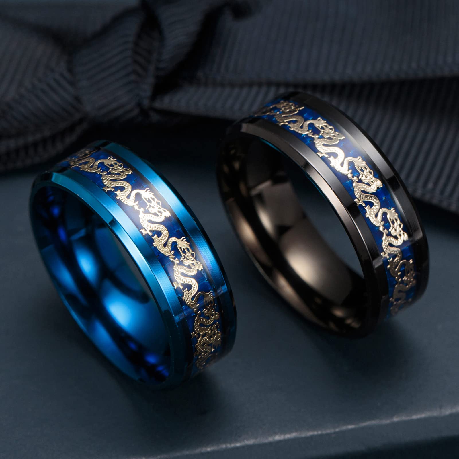 Premium Titanium Steel Dragon Ring for Men - Inlaid Gold & Blue Black Celtic Design - Durable & Stylish Jewelry for Gifts, Parties, and Fashion Accessories