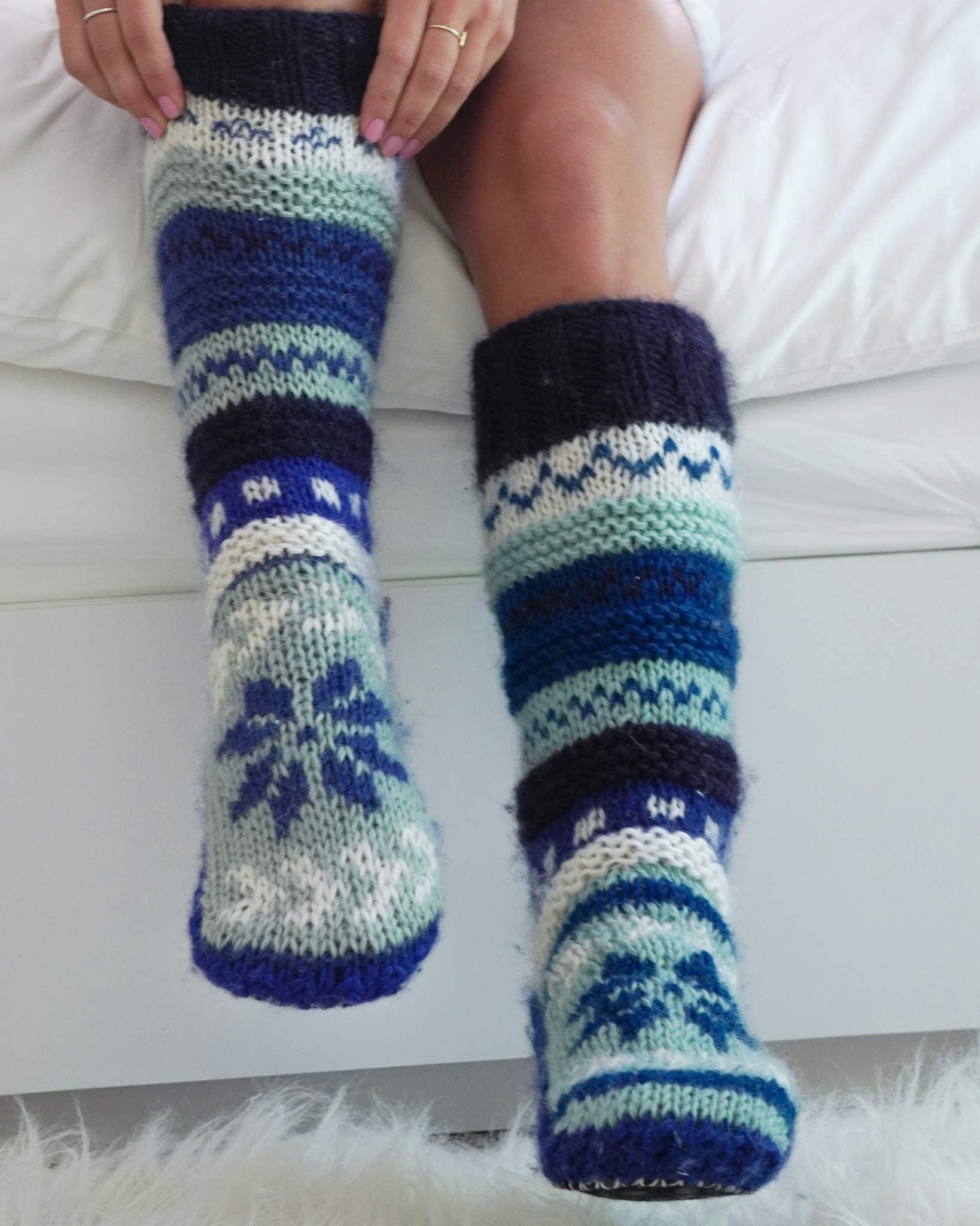 Warm Hand-Knit Tibetan Wool Socks with Fleece Lining & Anti-Slip Soles - Cozy Long Slipper Socks for Winter, Home, Yoga & Meditation Comfort