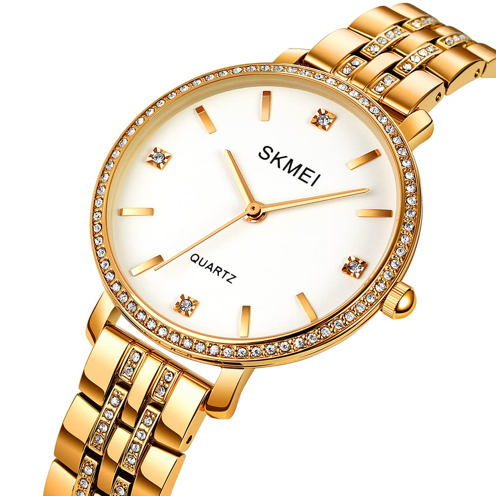 SKMEI Women's Luxury Diamond Stainless Steel Watch - Gold Analog Business Dress Watch with Big Face, Waterproof, Elegant Gift for Wife, Girlfriend & Ladies (Perfect for Office, Party & Formal Occasions)