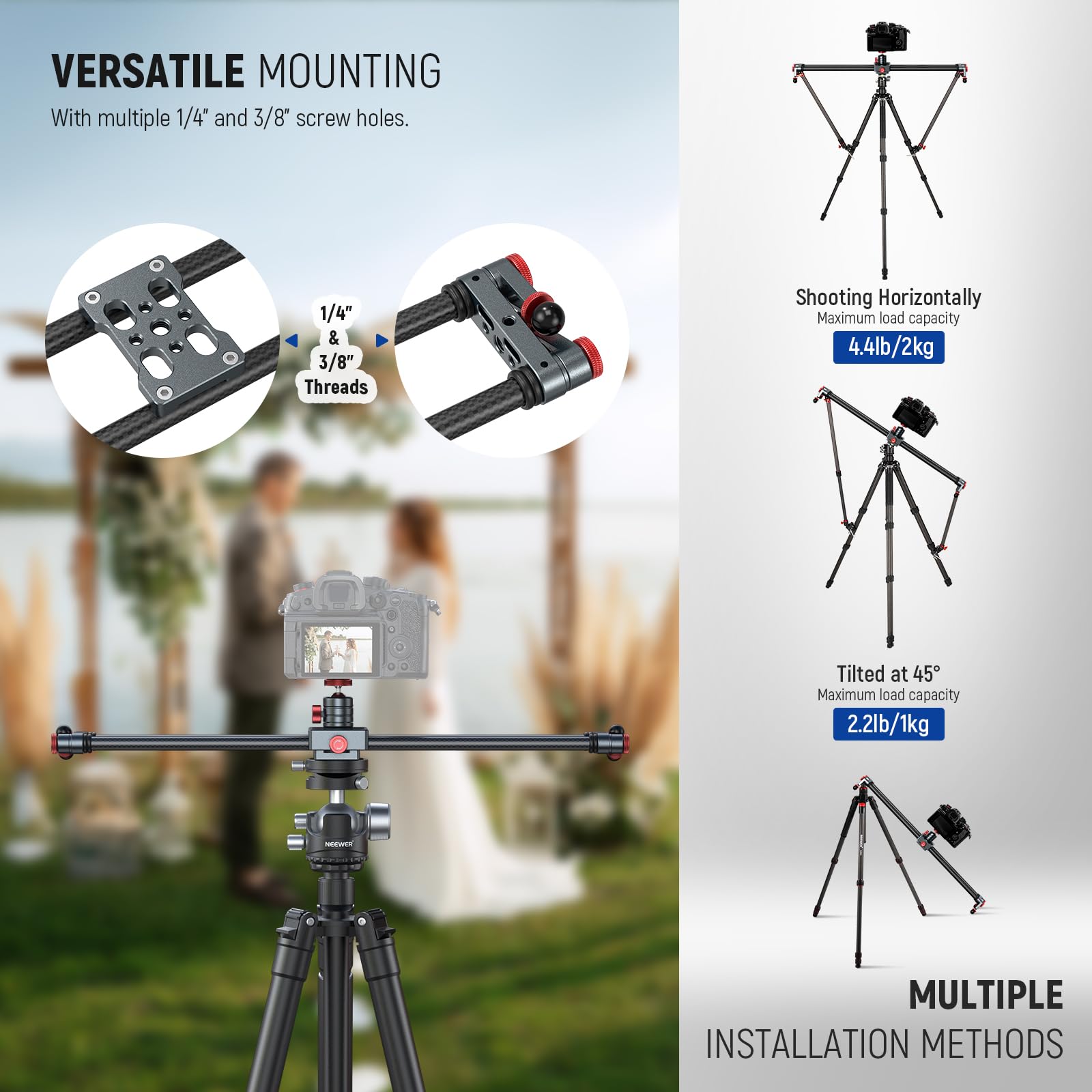 NEEWER 24in/60cm Carbon Fiber Camera Slider with 360° Ball Head, Phone Clamp & Action Camera Mount - Professional Dolly Rail Track with 4 Bearings & Adjustable Legs for GoPro, Insta360, iPhone & Android (CS2M) - Perfect for Vlogging, Filmmaking & Smooth Video Shots