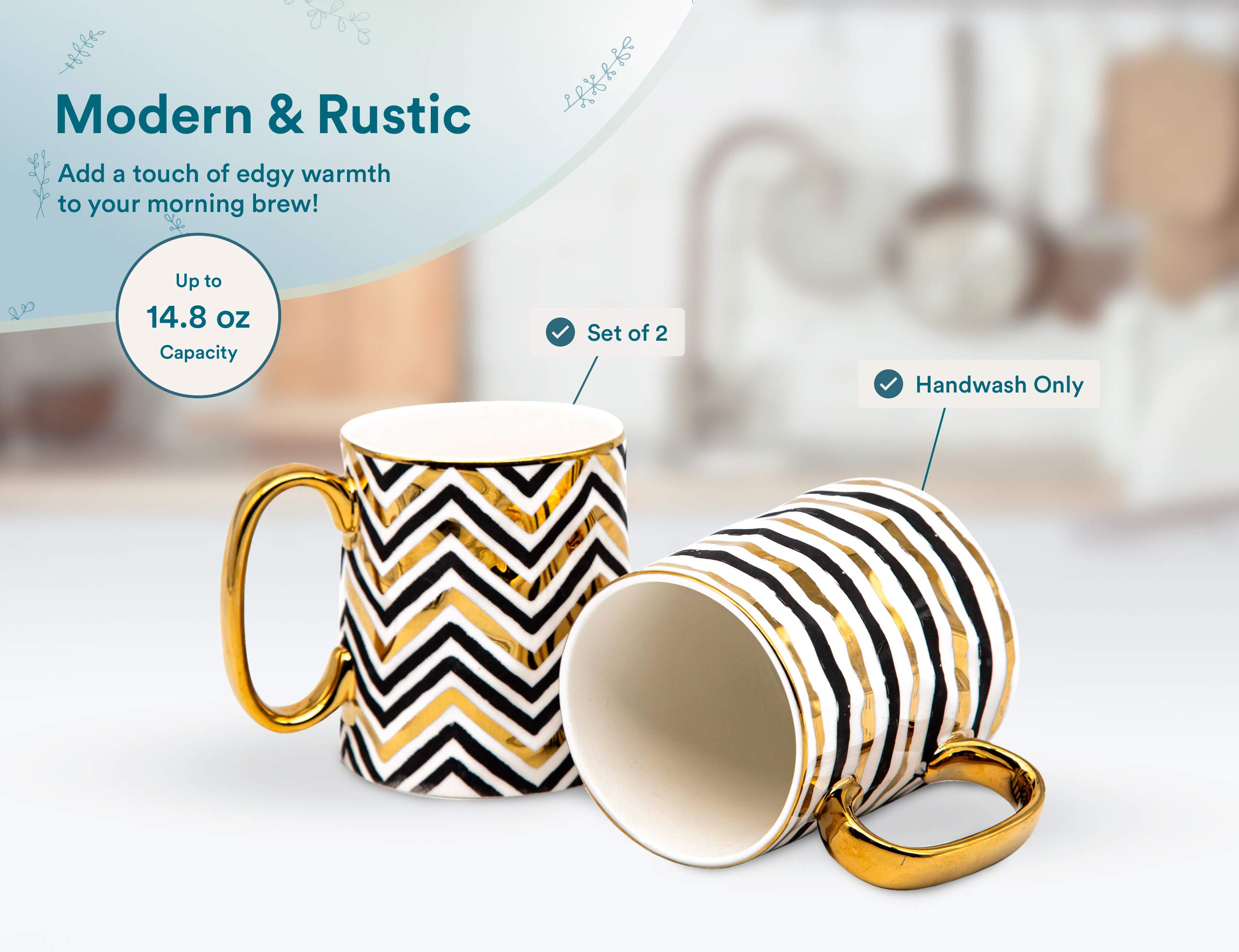Premium Black and Gold Porcelain Coffee Mug Set - 14.8 oz Geometric Design with Metallic Accents - Elegant Tea Cups with Handles (Set of 2) - Perfect for Home, Office, or Gift Giving