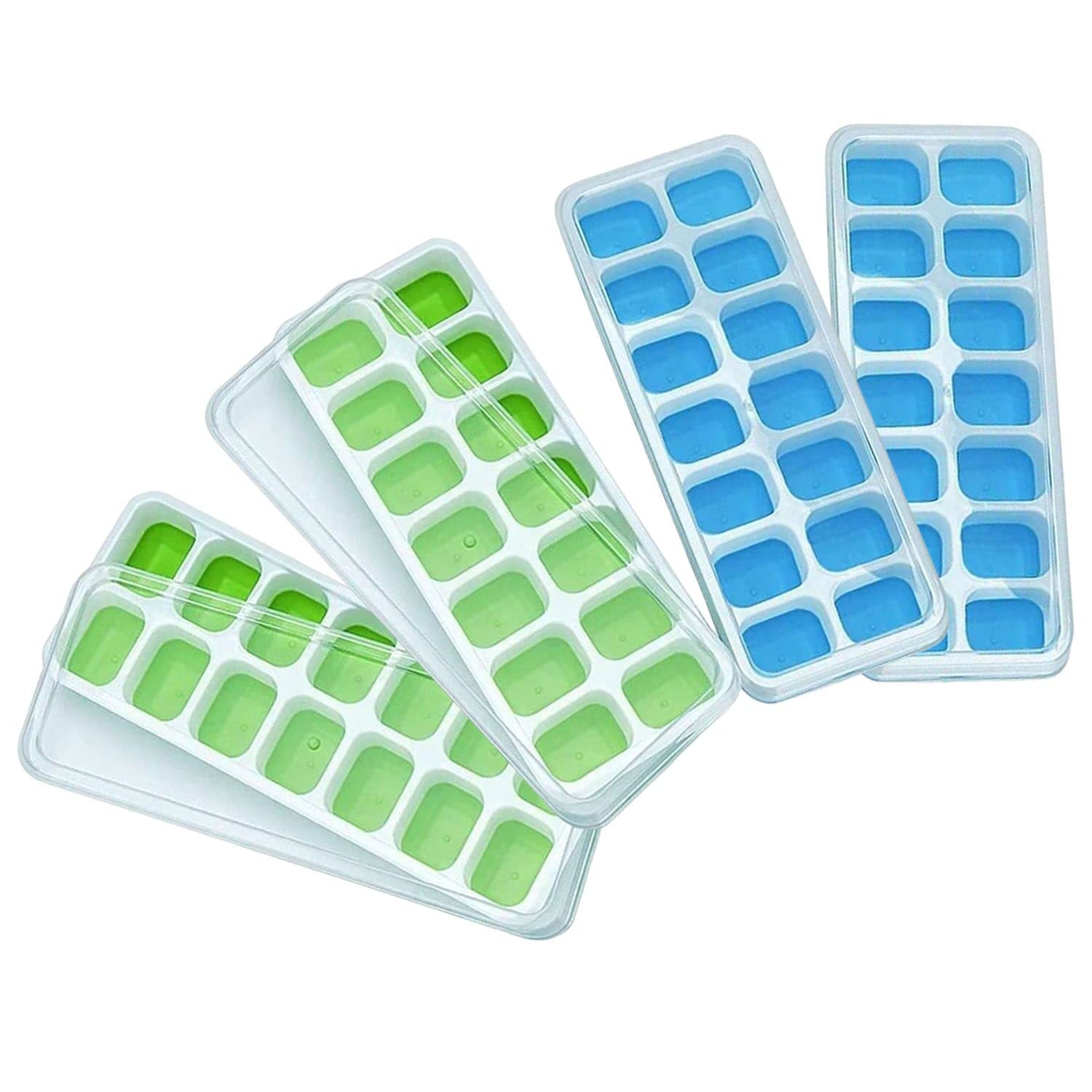 YUANQIAN 14-Cube Silicone Ice Tray Set (4 Pack) - Flexible & Easy Release Ice Cube Molds with Spill-Proof Lids, Stackable Freezer Trays for Cocktails, Iced Coffee, and Party Drinks