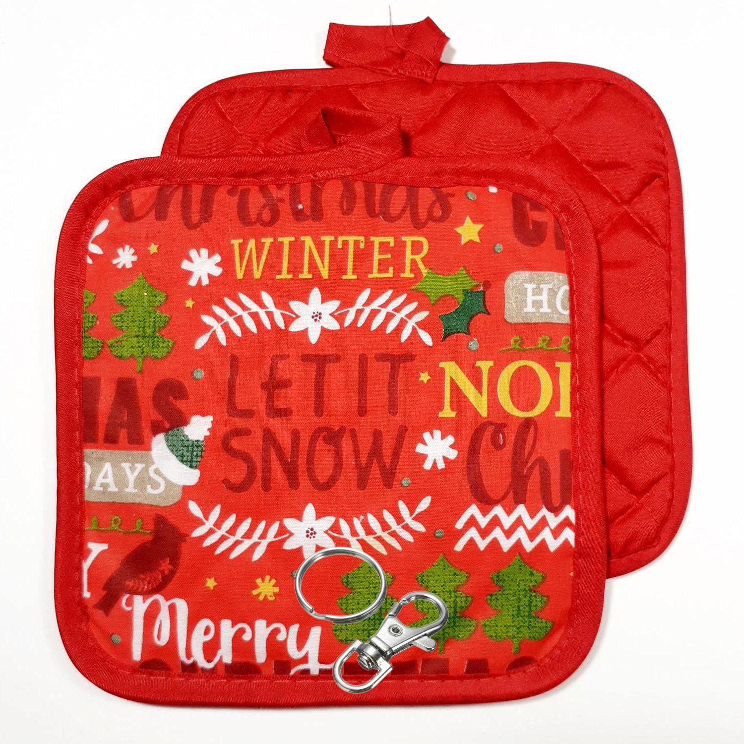 Let It Snow Merry Christmas Red 4-Piece Set - 2 Heat Resistant Potholders (7x7 Inch) & 1 Lobster Clasp + 1 Key Ring - Perfect Holiday Kitchen Accessories for Baking, Cooking, and Gift Giving