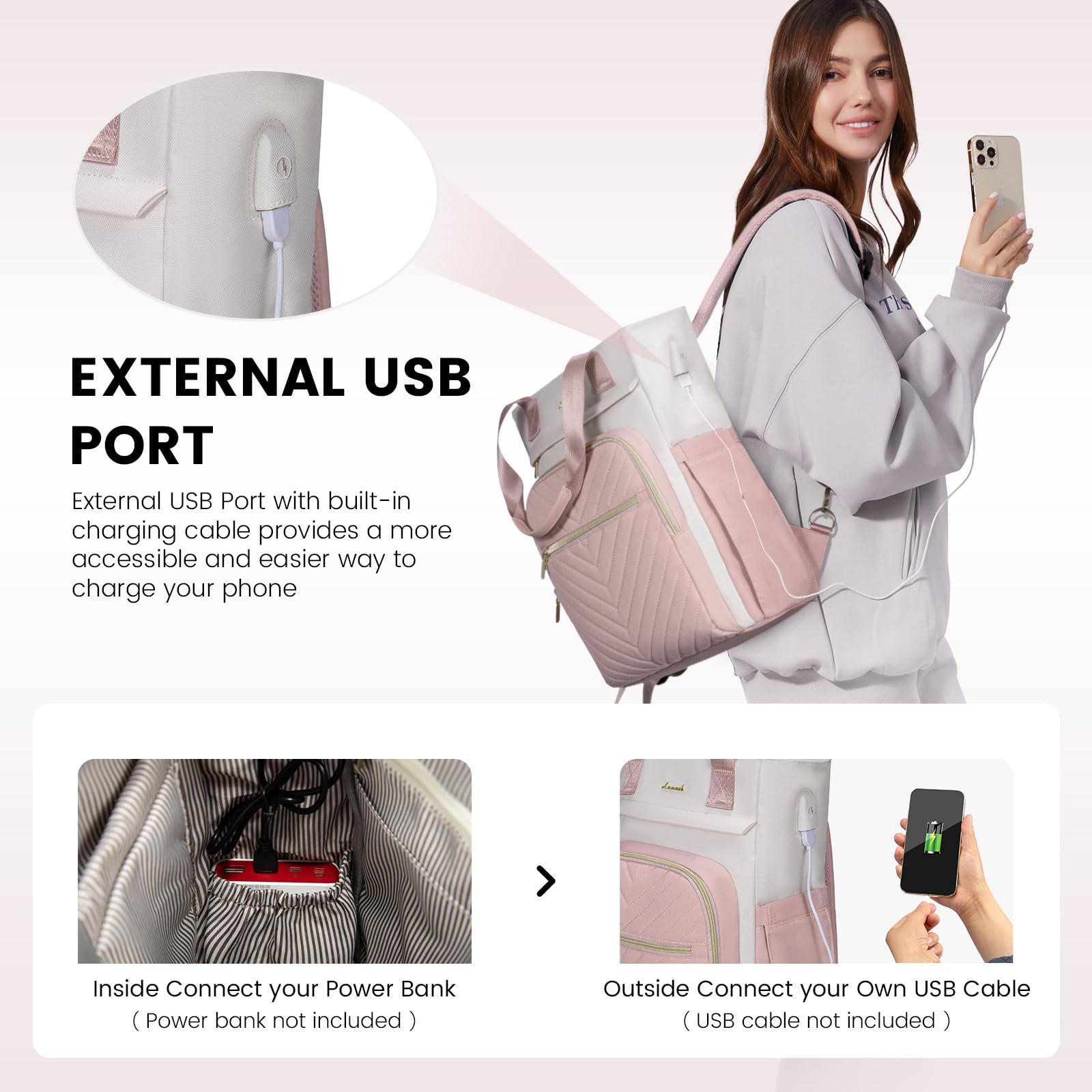 LOVEVOOK 15.6 Inch Laptop Backpack for Women - Stylish Waterproof Work & Business Bag with USB Port, Wide Top Open Design, Perfect for Travel, School, Office, and Everyday Use, Pink-White