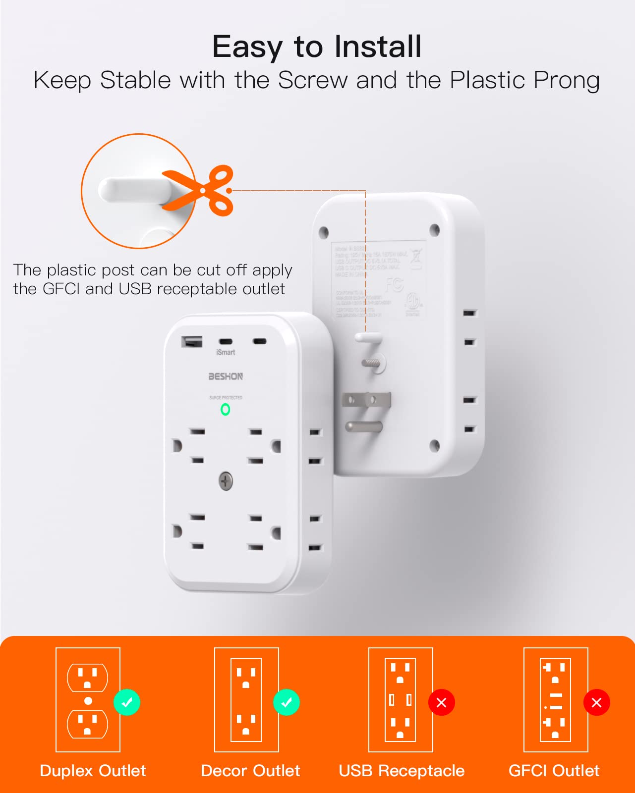 BESHON 8-Outlet Surge Protector with 3 USB Ports (2 USB-C) | 900J Power Strip | 3-Sided Wall Charger | Multi Plug Outlet Extender for Home, Office, Travel & Dorm Room | Spaced Outlets for Large Plugs