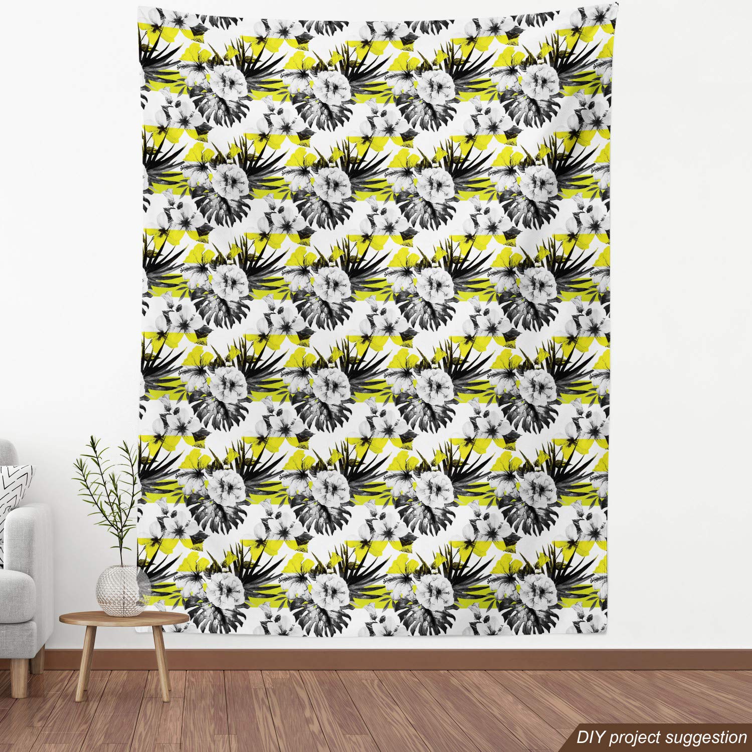Ambesonne Floral Fabric by The Yard - Modern Hibiscus Buds & Blossoms Design - 10 Yards Charcoal Grey Yellow - Upholstery & Home Decor Fabric for Sofa, Curtains, Pillows, Table Runners & DIY Craft Projects