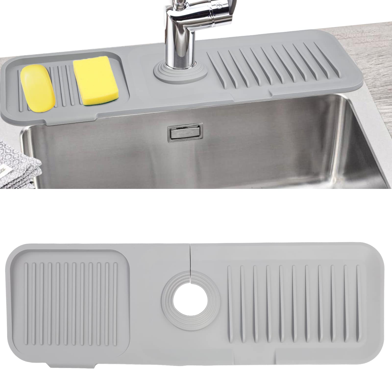 Silicone Sink Splash Guard - Non-Slip Faucet Mat for Kitchen & Bathroom | Water Absorbent Sink Accessory with Sponge Holder (Grey) | Perfect for Preventing Water Splashes While Washing Dishes or Brushing Teeth