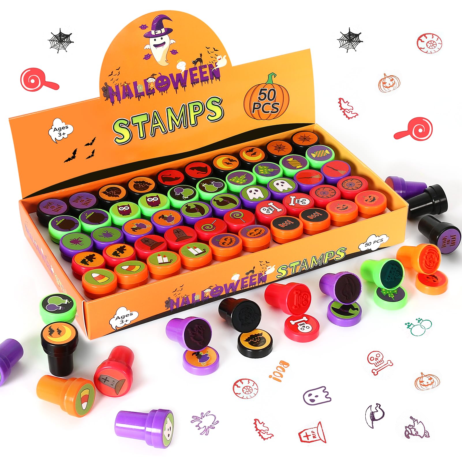 50 Pcs Halloween Stamps for Kids - Bulk Halloween Decorations, Party Favors & Goodie Bag Fillers - Fun Halloween Toys for Treat Bags, Candy Bags & Classroom Activities - Perfect for Halloween Parties, Trick or Treat & School Events