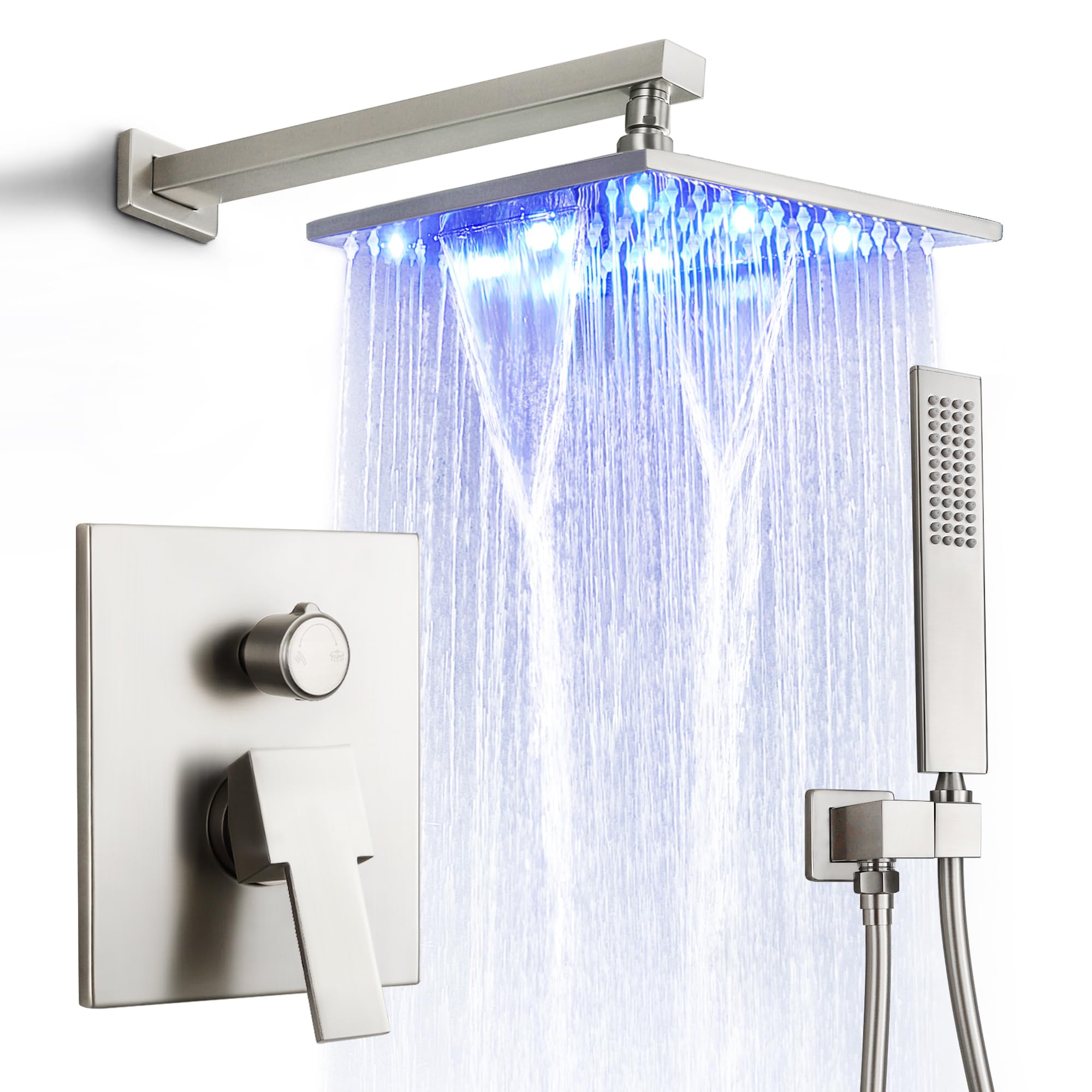 SKOWLL Rainfall Shower System with Handheld Shower Head - 10 Inch Solid Brass Pressure Balancing Mixer Valve, Wall Mounted Shower Combo in Brushed Nickel - Perfect for Luxurious Spa-Like Bathroom Experience & Water-Saving Home Upgrade