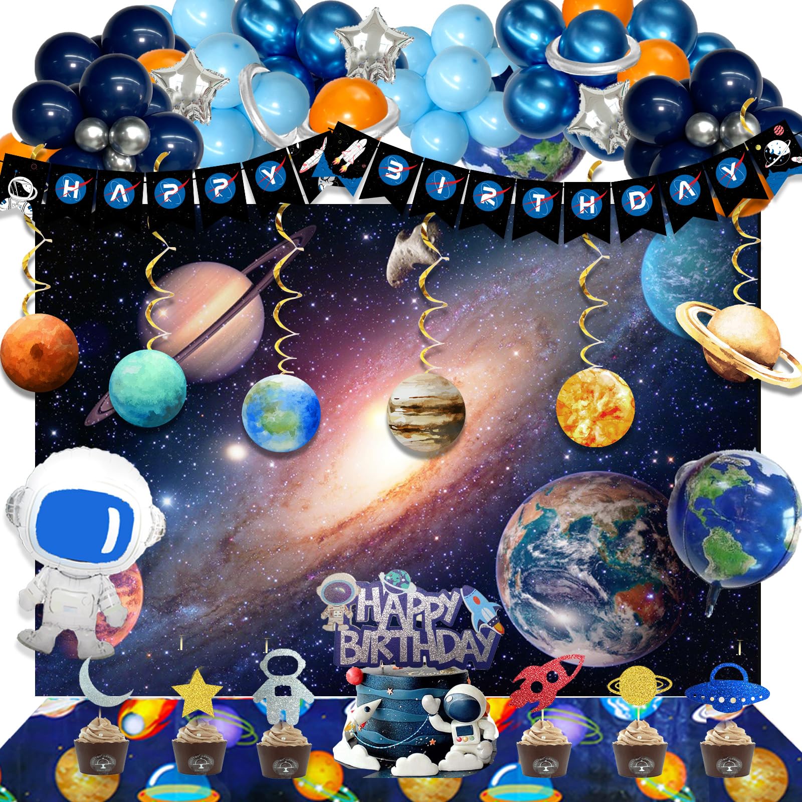 Outer Space Galaxy Birthday Party Decorations Set - Backdrop, Balloon Garland, Hanging Swirl Banner, Tablecloth & Cake Topper | Solar System Theme with Planets, Astronaut & Rocket | Perfect for Kids' Space-Themed Birthday Parties, Baby Showers & Classroom Decor