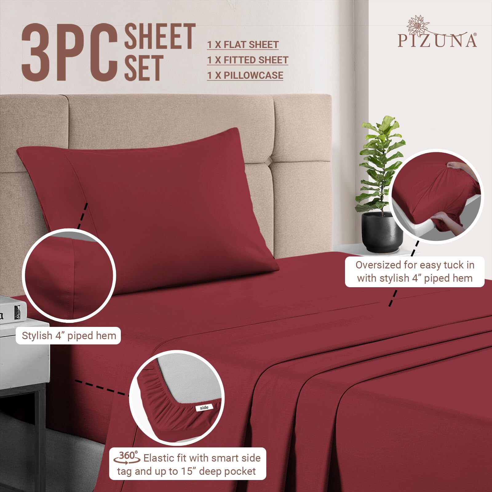 Pizuna Pure 100% Cotton Twin XL Sheets - 400 Thread Count Long Staple Sateen Weave - 15