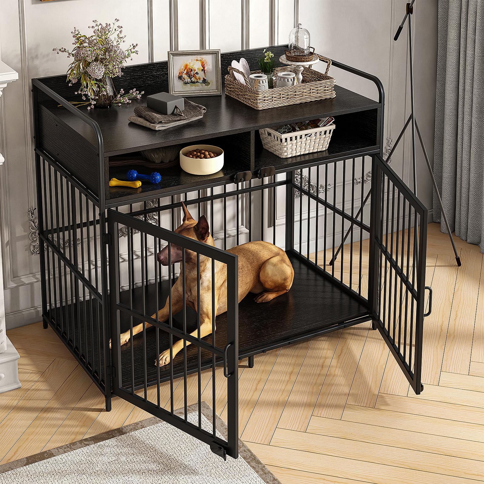 Premium Large Wooden Dog Crate with Storage Drawers - Heavy Duty Indoor Dog Kennel & Side Table - 40.5
