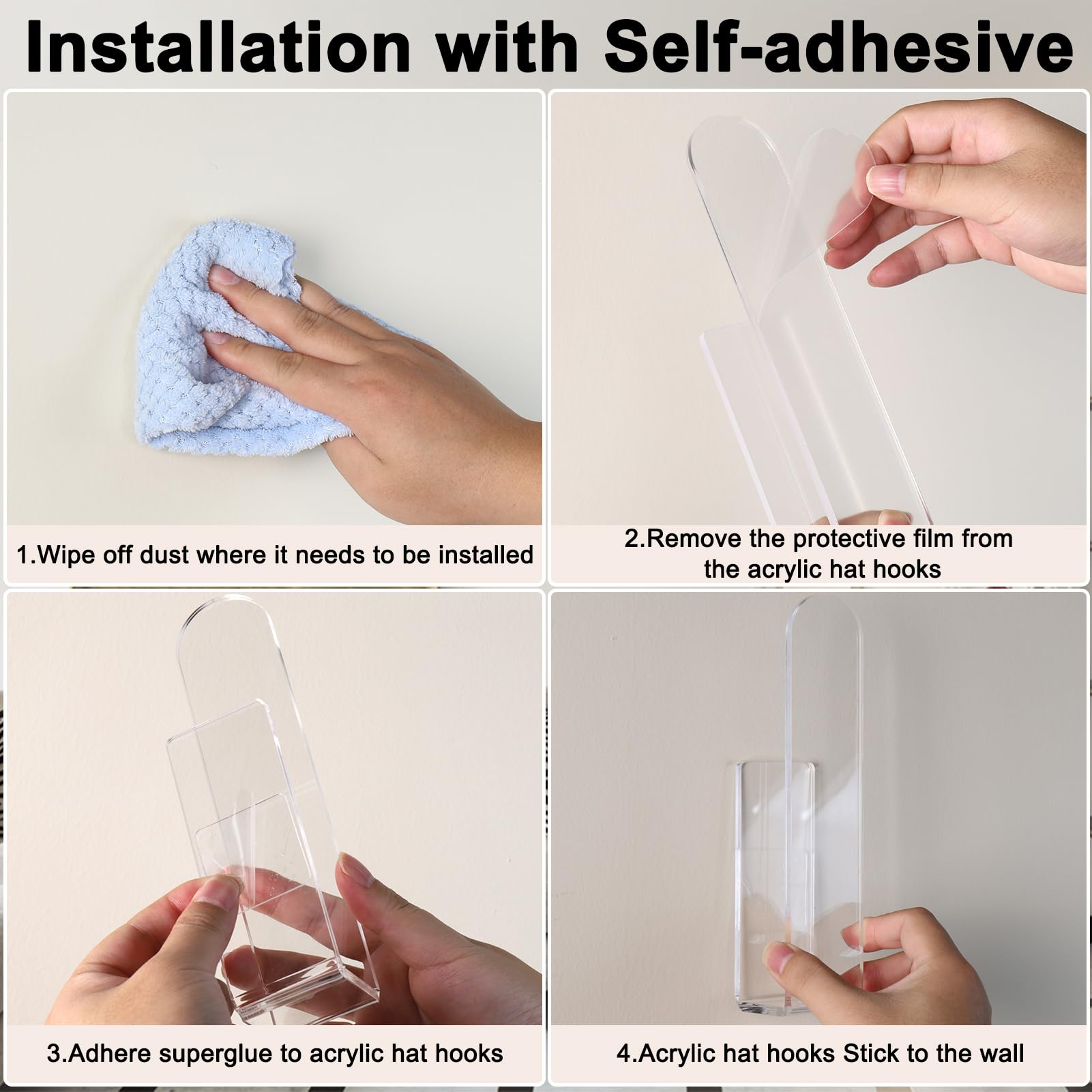 2-Pack Acrylic Baseball Cap Organizer - Wall Mount Hat Rack for Men & Women with Strong Adhesive - Clear Sticky Hooks for Closet, Door & Wall Storage - Perfect for Displaying Caps in Bedroom, Garage or Entryway
