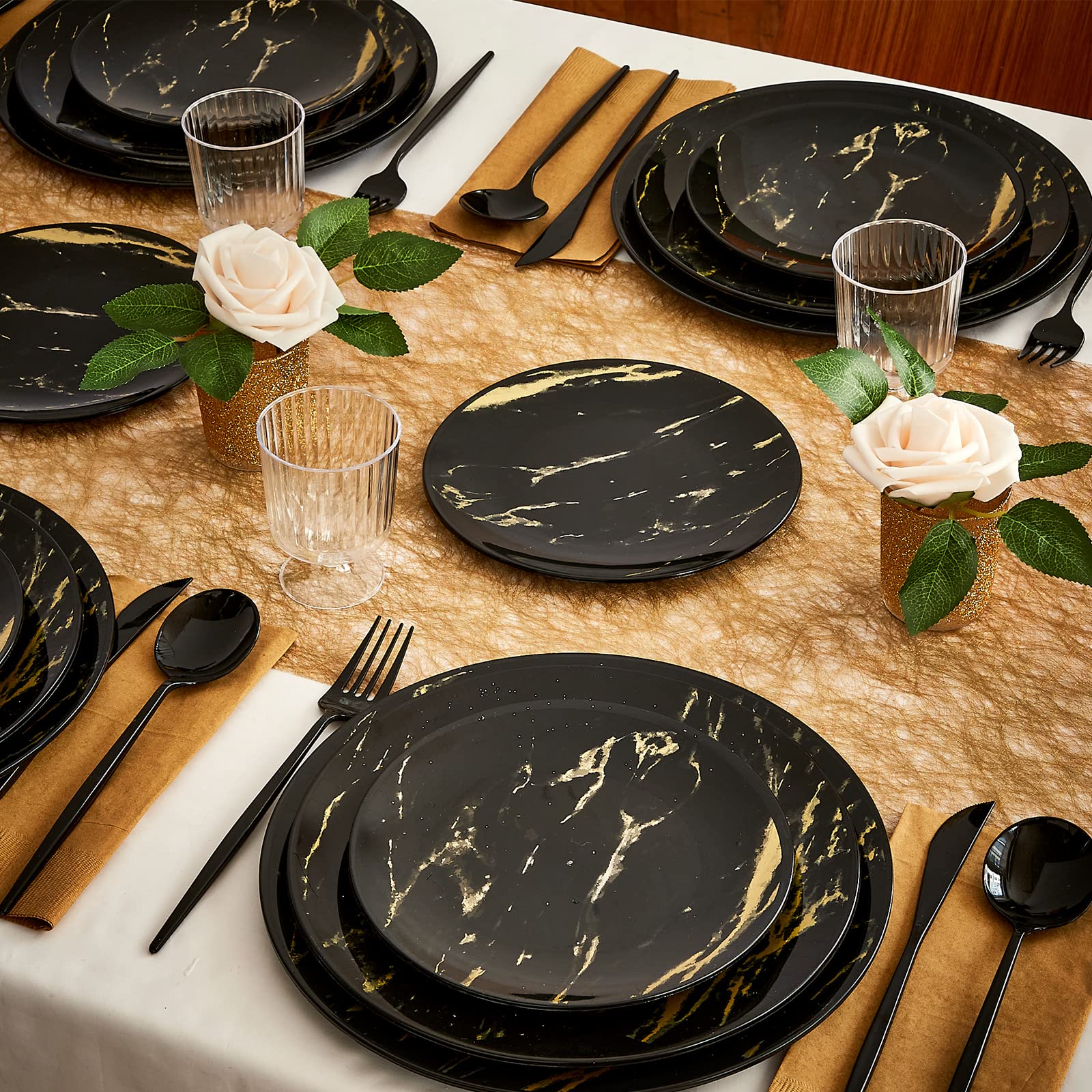 Elegant Marble Disposable Dessert Plates 10-Pc Set for Parties & Fine Dining - Black/Gold