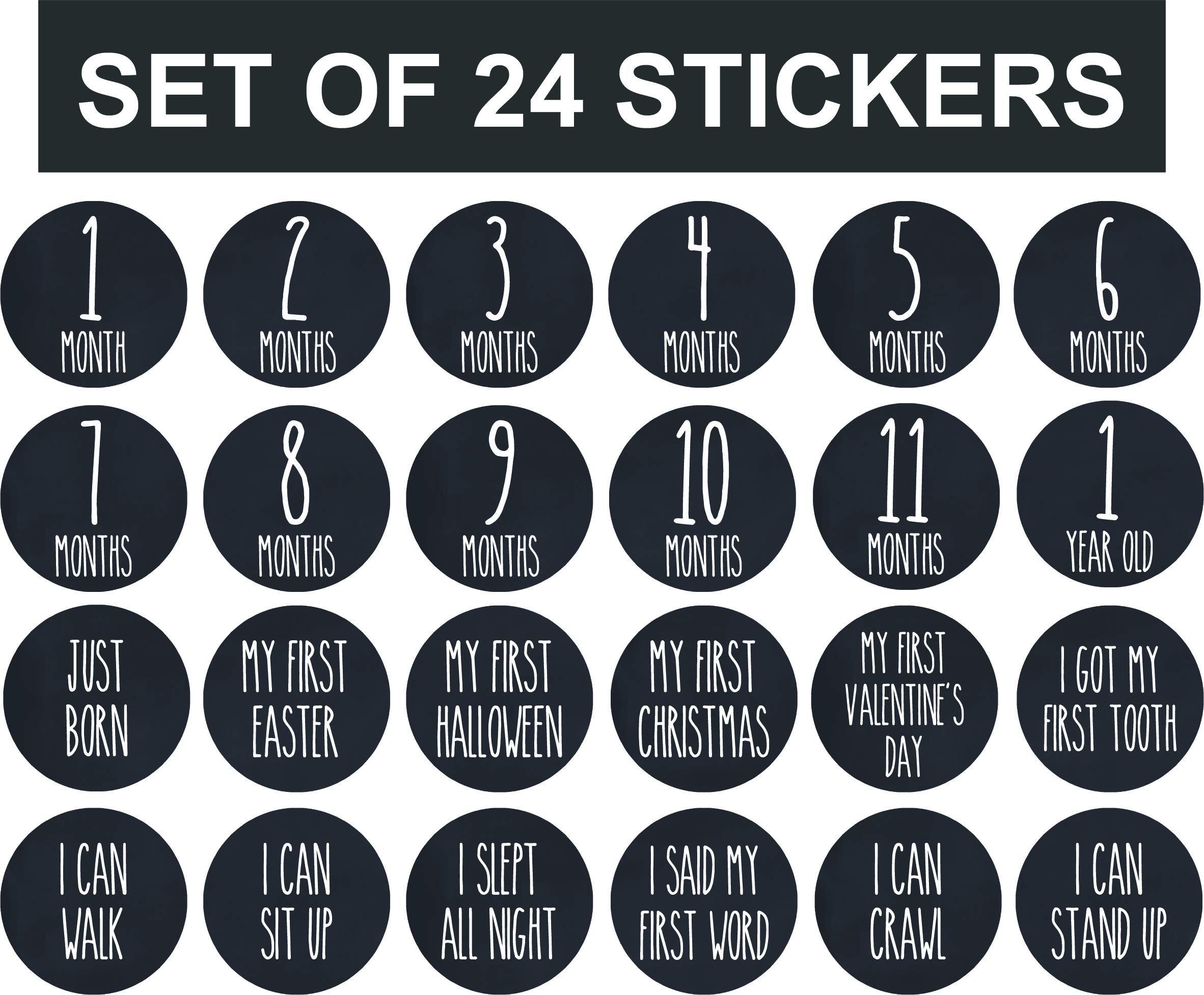 Baby Monthly Milestone Stickers Set of 24 - Gender Neutral Newborn Growth Tracking Stickers for Boys & Girls - Perfect for Baby Photo Shoots, Scrapbooking & First Year Memory Books