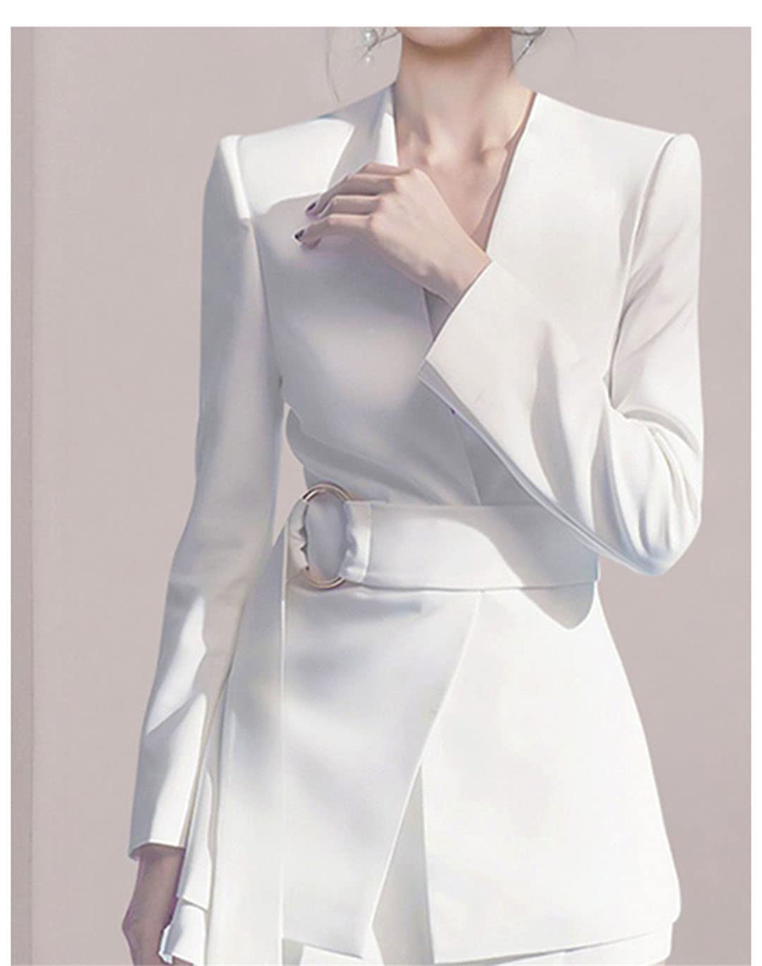 Women's Asymmetrical Blazer Dress with Belt - Long Sleeve Suit Jacket & Skirt 2-Piece Set for Fall/Winter Office Wear, Business Casual Outfits, and Special Occasions
