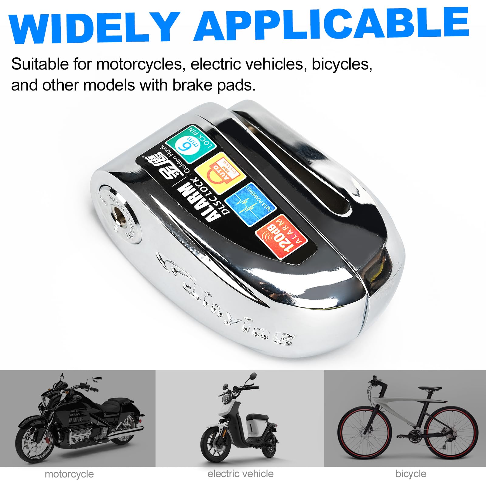 120dB Alarm Motorcycle Disc Brake Lock - Waterproof Anti-Theft Aluminum Alloy Bike Lock with Reminder Cable for Motorcycle, E-Bike, Bicycle & Scooter (Silver) | Perfect for Urban Commuting & Outdoor Travel Security