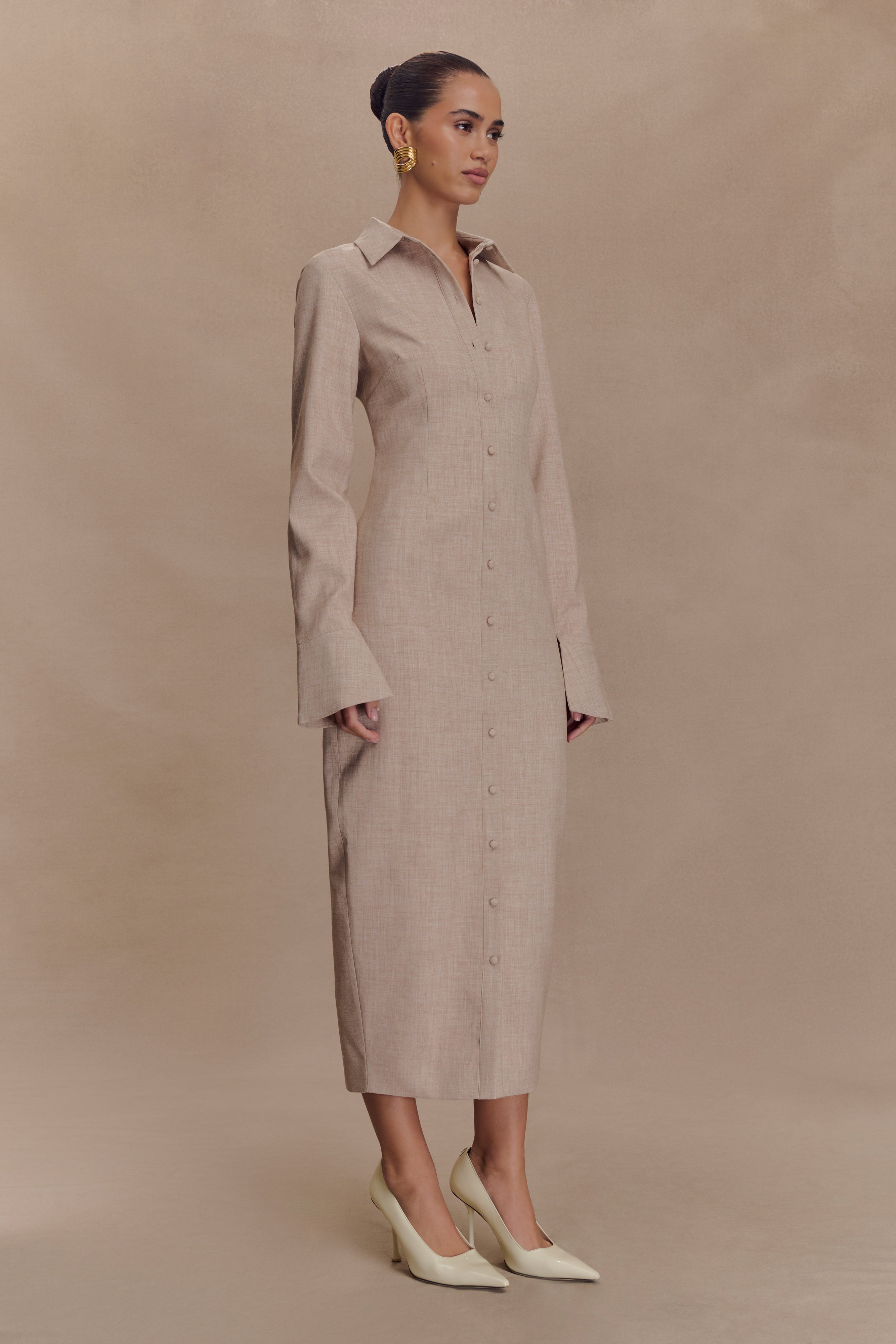 Dorian Fitted Shirt Midi Dress for Women - Wheat Marle Color, Elegant Office Wear & Casual Summer Dress