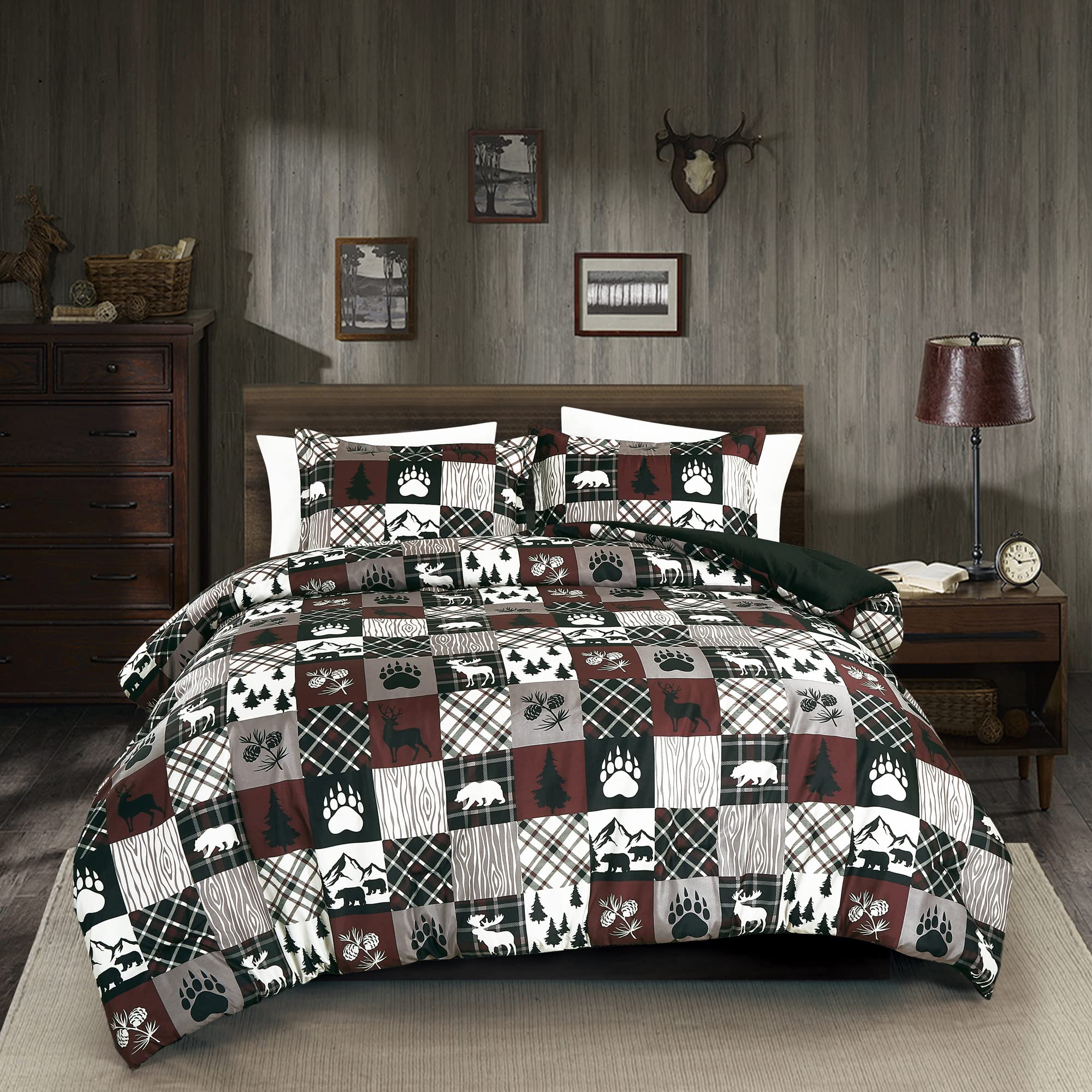 Chezmoi Collection Brook 2-Piece Southwestern Lodge Comforter Set - Red White Black Gray Grizzly Bear Pinecone Tree Moose Print Microfiber Bedding for Twin Bed | Cabin Decor, Cozy Winter Bedroom, Rustic Retreat