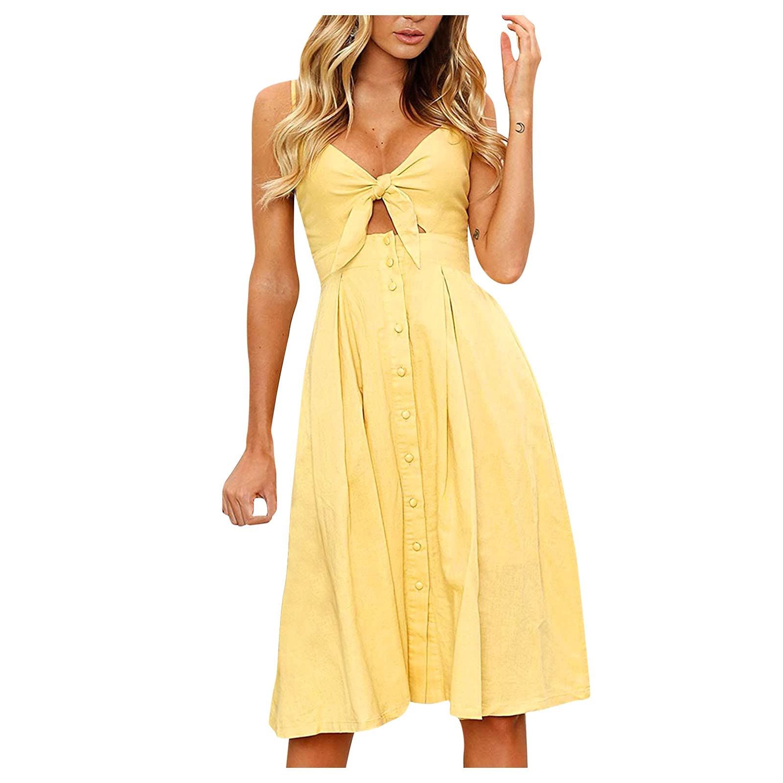Women's Summer Sling Dress - Midi Length V-Neck Spaghetti Strap Button Down Dress for Casual Wear & Beach Outings