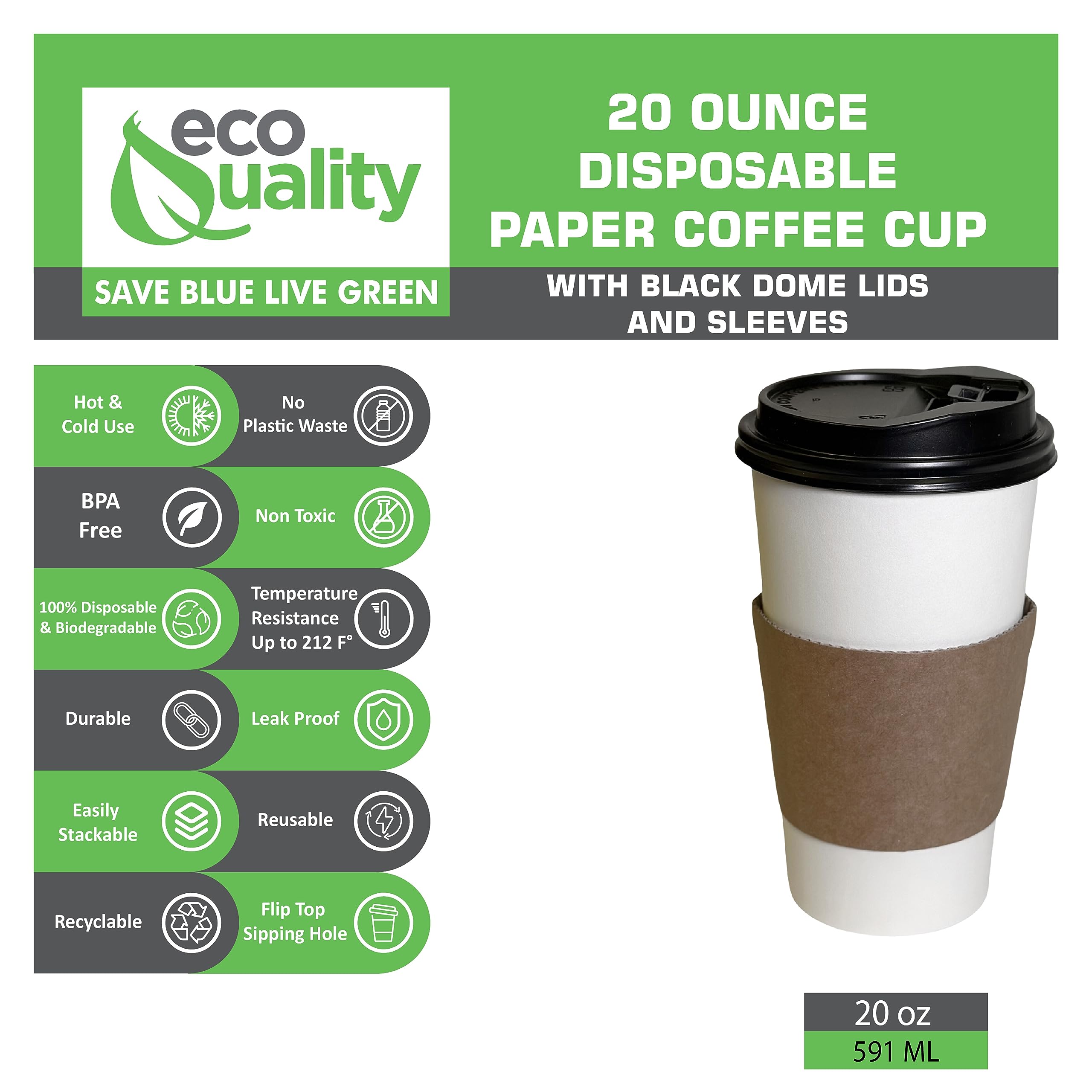 EcoQuality 20 oz Disposable White Paper Coffee Cups with Black Dome Lids & Corrugated Sleeves - Bulk 1000 Pack for Coffee Shops, Offices, Travel, Events & Catering - Hot Beverage Solution for On-the-Go Lifestyles