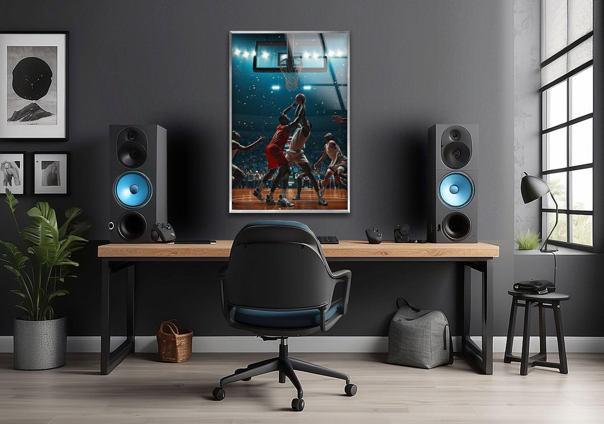 Basketball Players Glass Wall Art - Modern Sports Decor for Home, Office & Gym - Perfect Gift for Basketball Fans & Athletes