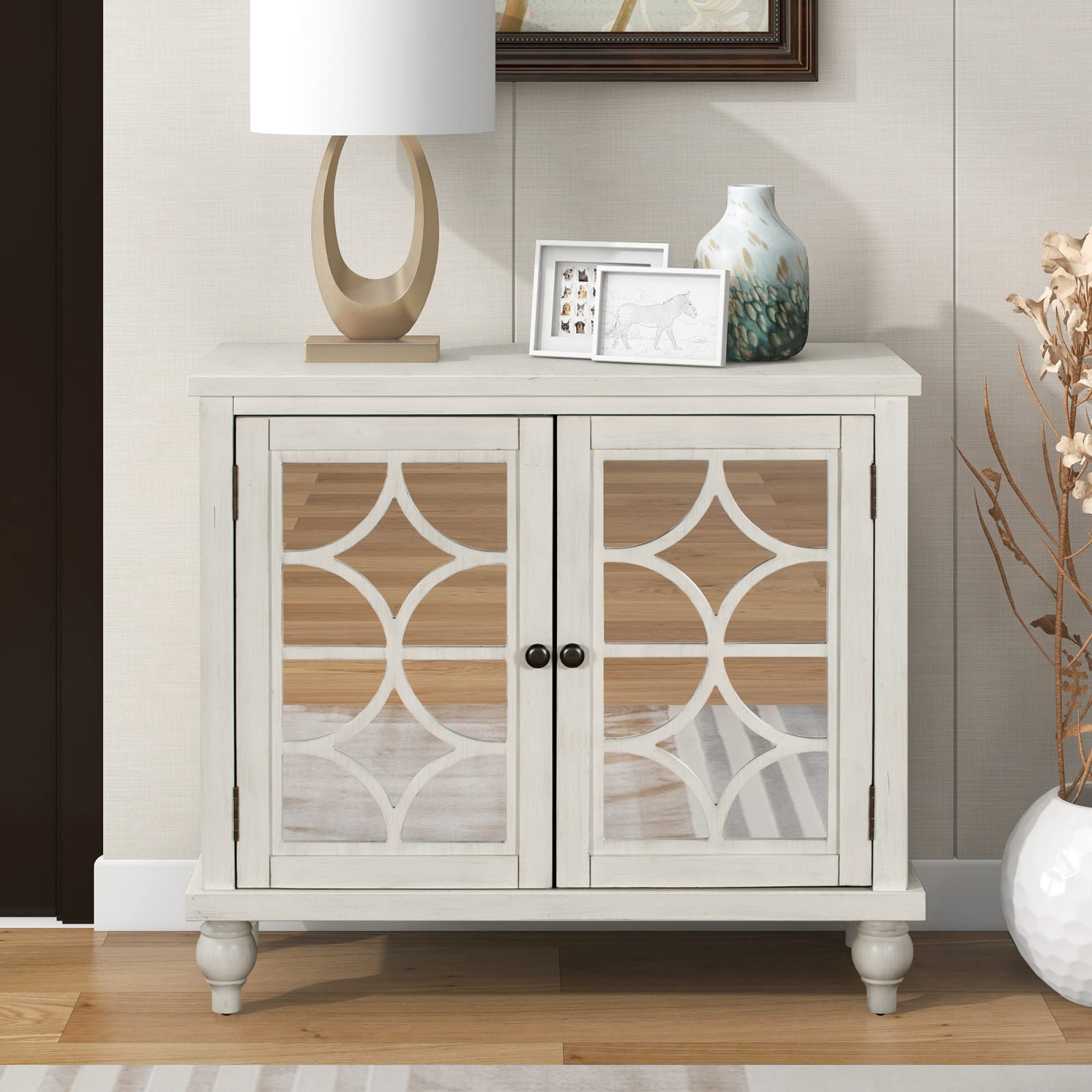 White Farmhouse Sideboard Buffet Cabinet with Mirror Double Doors & Adjustable Shelves - Wood Storage Console Table for Kitchen, Entryway, Living Room, Bedroom - Perfect for Dining Room Storage & Home Decor