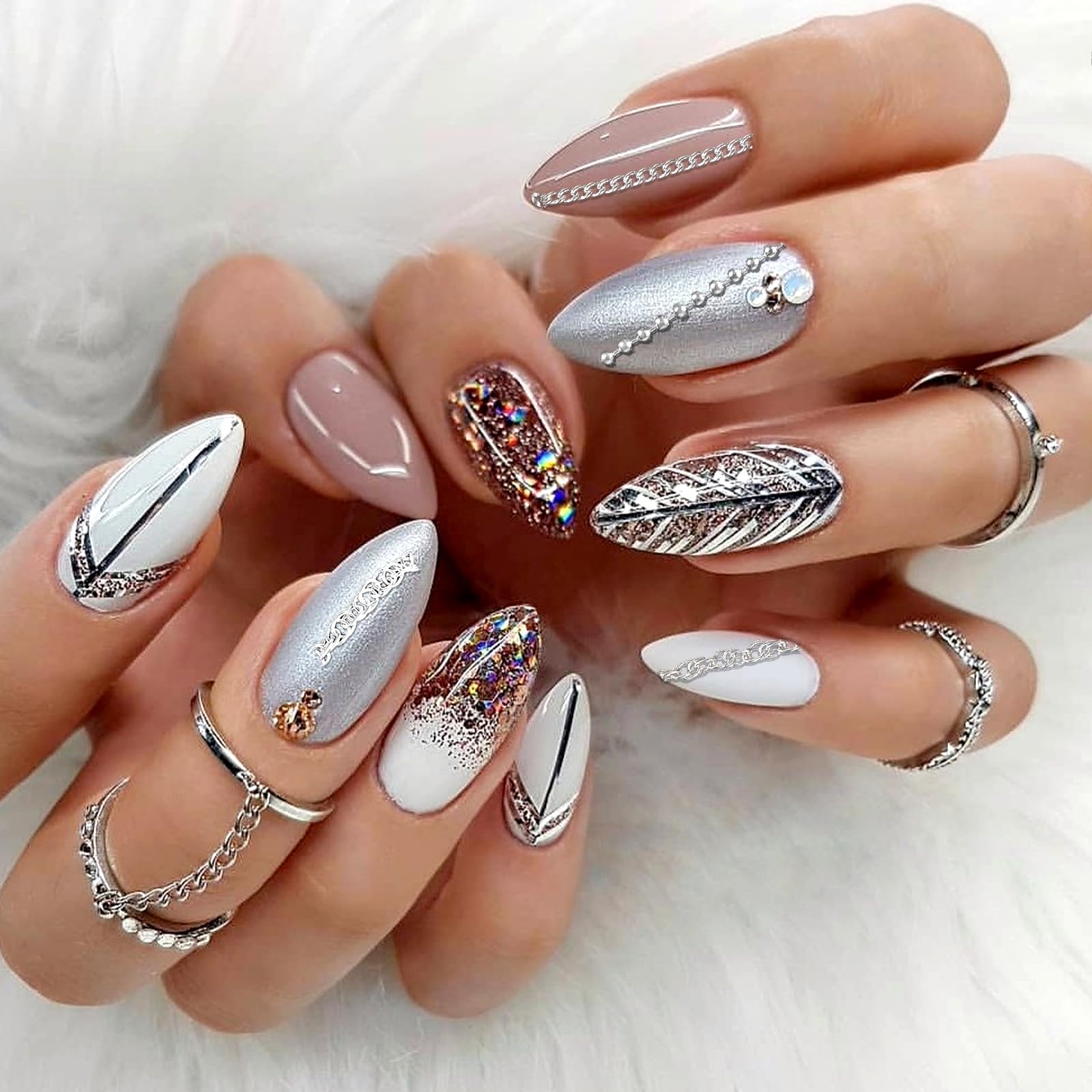6 Strips Silver Chain Nail Charms - 3D Nail Art Accessories for Punk & Gothic Style, DIY Metal Nail Caviar Beads - Perfect for Nail Decoration, Salon Use & Party Nail Art Designs