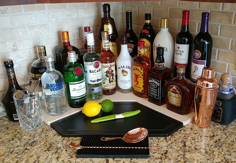 Natural Wood Counter Caddies™ - Stylish Corner Liquor & Wine Bottle Display for Bars, Restaurants, and Home Decor